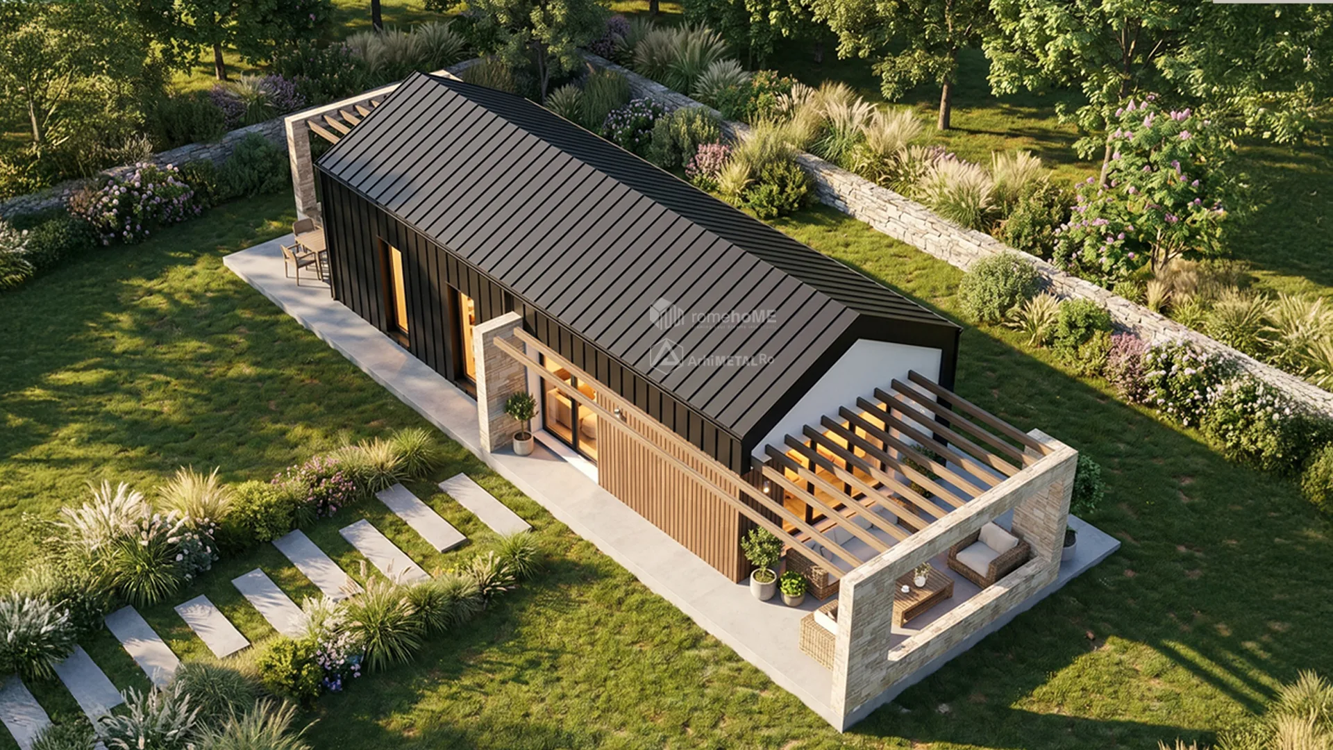 Casa Amanda seara, cu luminile aprinse pe terasă