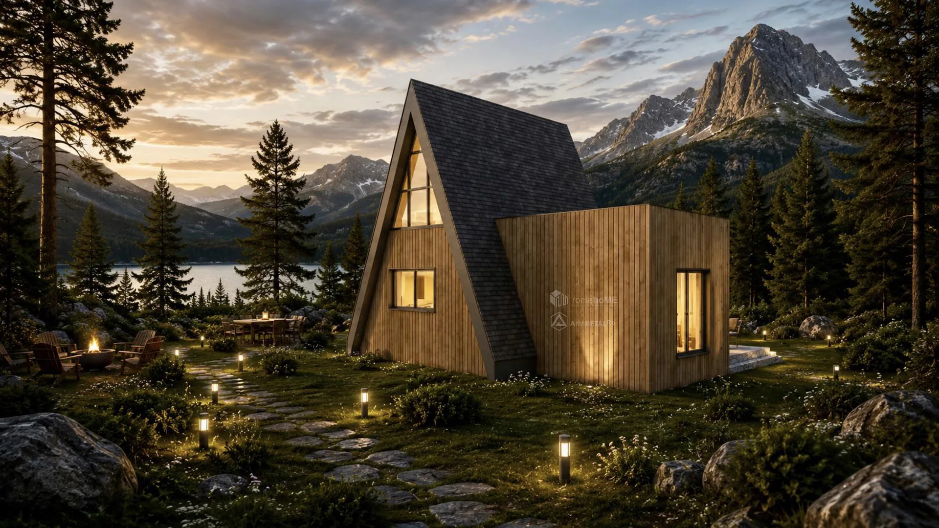 Casa Amira, A-Frame cu volum anexă din lemn, la lac, între munți, randarea 1
