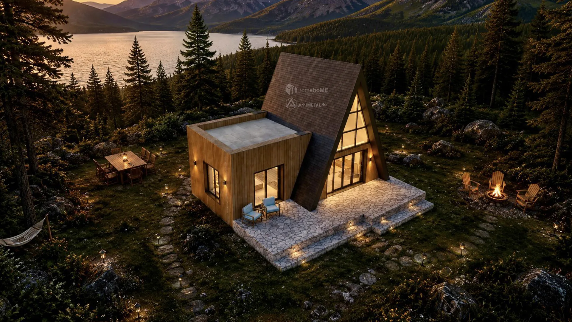 Casa Amira, A-Frame cu volum anexă din lemn, la lac, între munți, randarea 2
