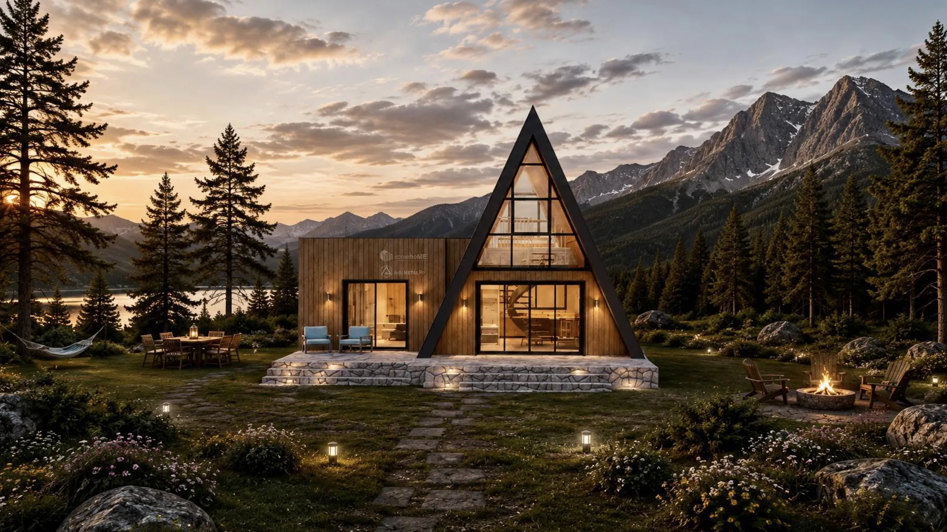 Casa Amira, A-Frame cu volum anexă din lemn, la lac, între munți, randarea 3