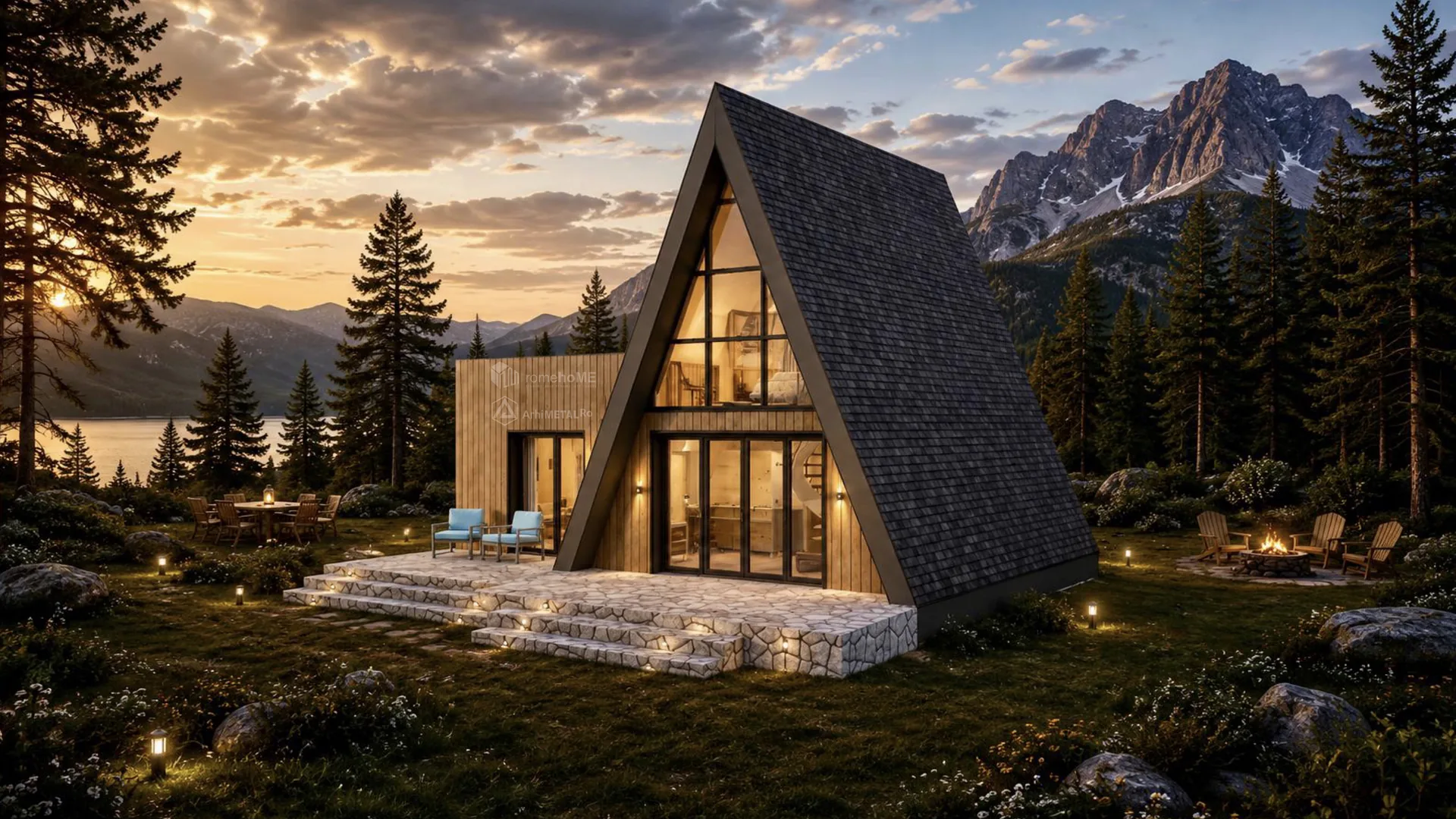 Casa Amira, A-Frame cu volum anexă din lemn, la lac, între munți, randarea 4