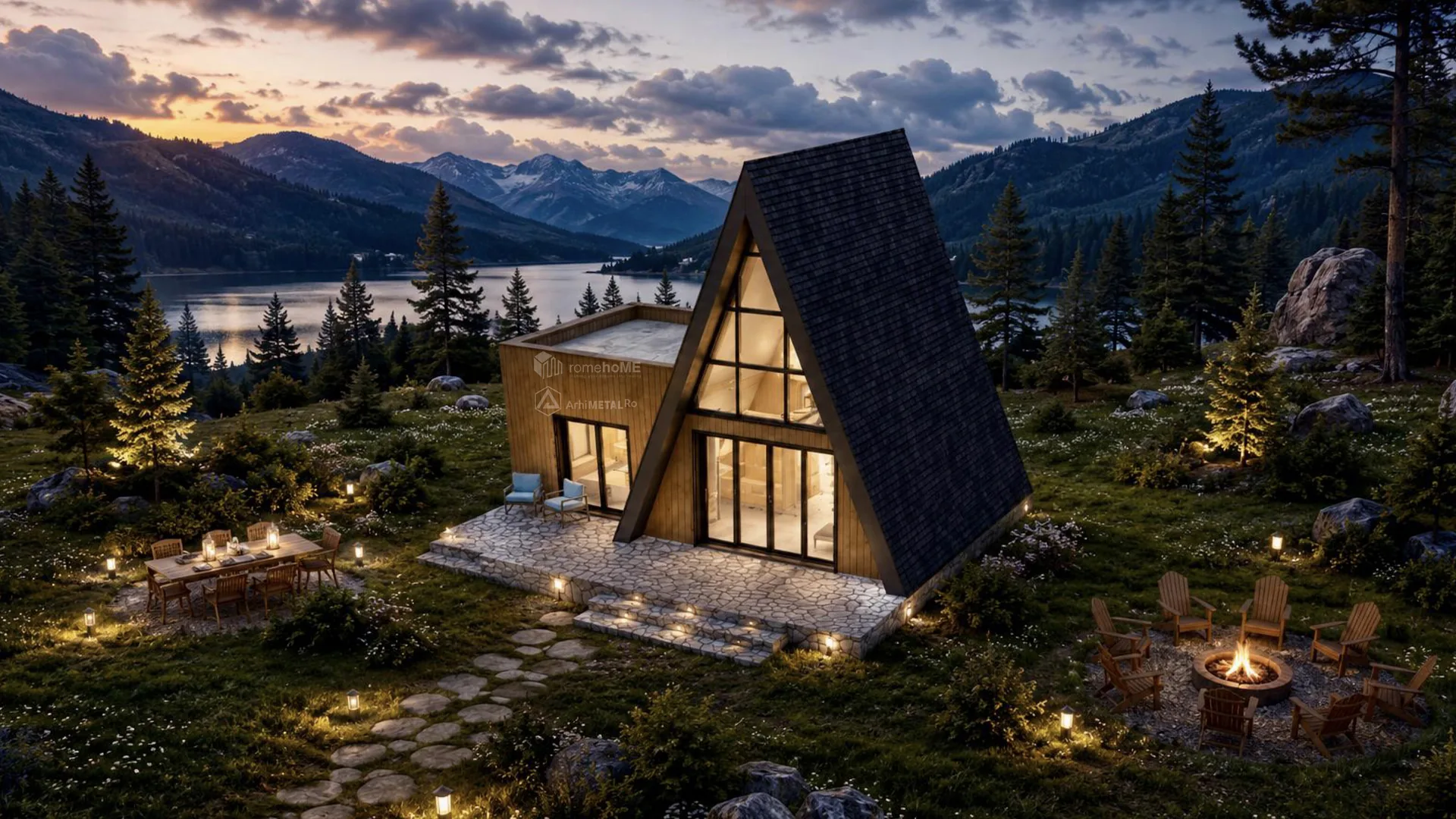 Casa Amira, A-Frame cu volum anexă din lemn, la lac, între munți, randarea 5