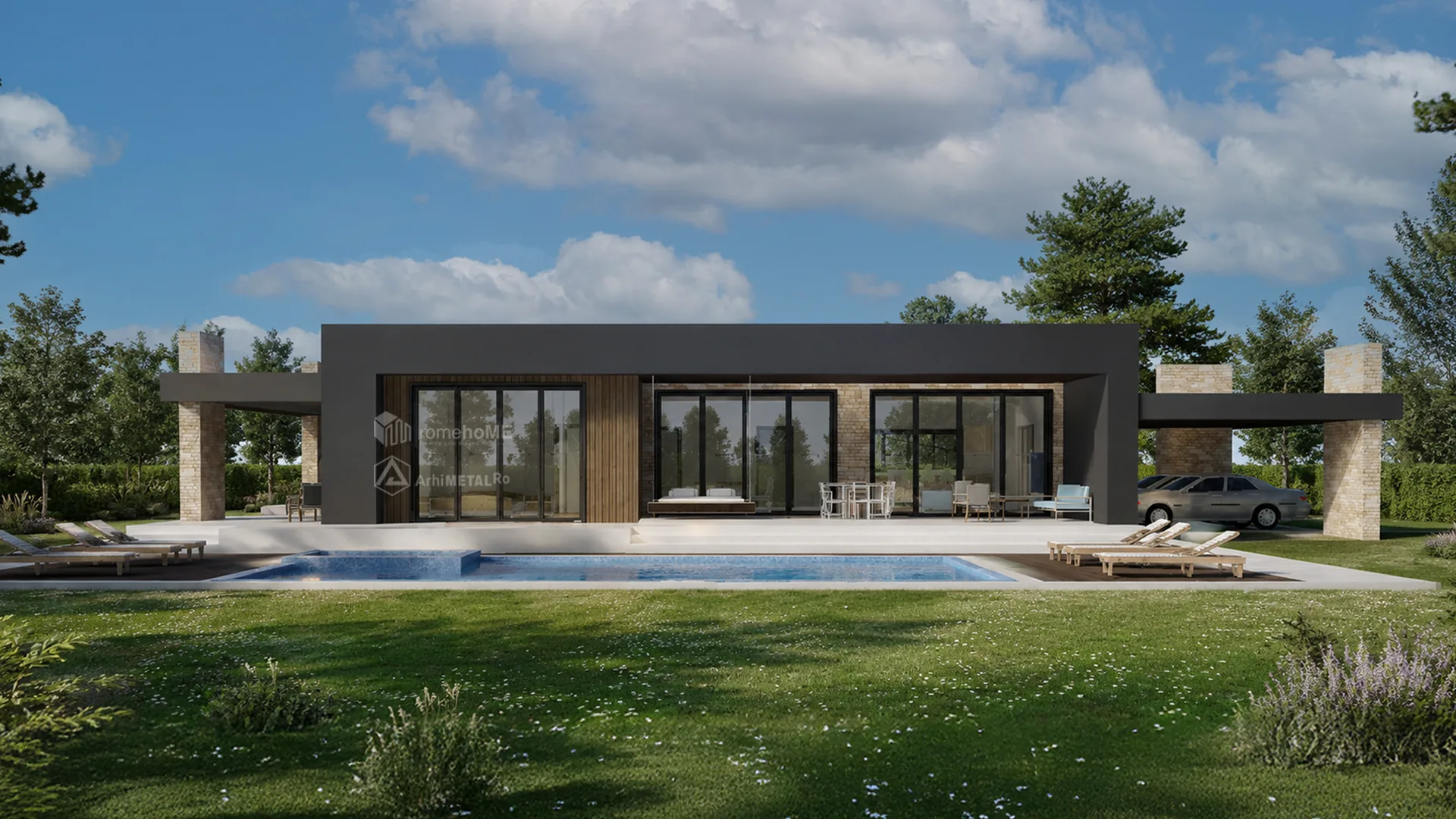 Casa Anais din grădină, cu peretele de piatră