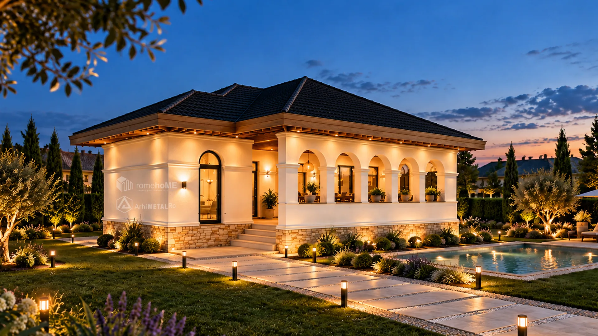 Casa Andrada în amurg, cu aleea de dale