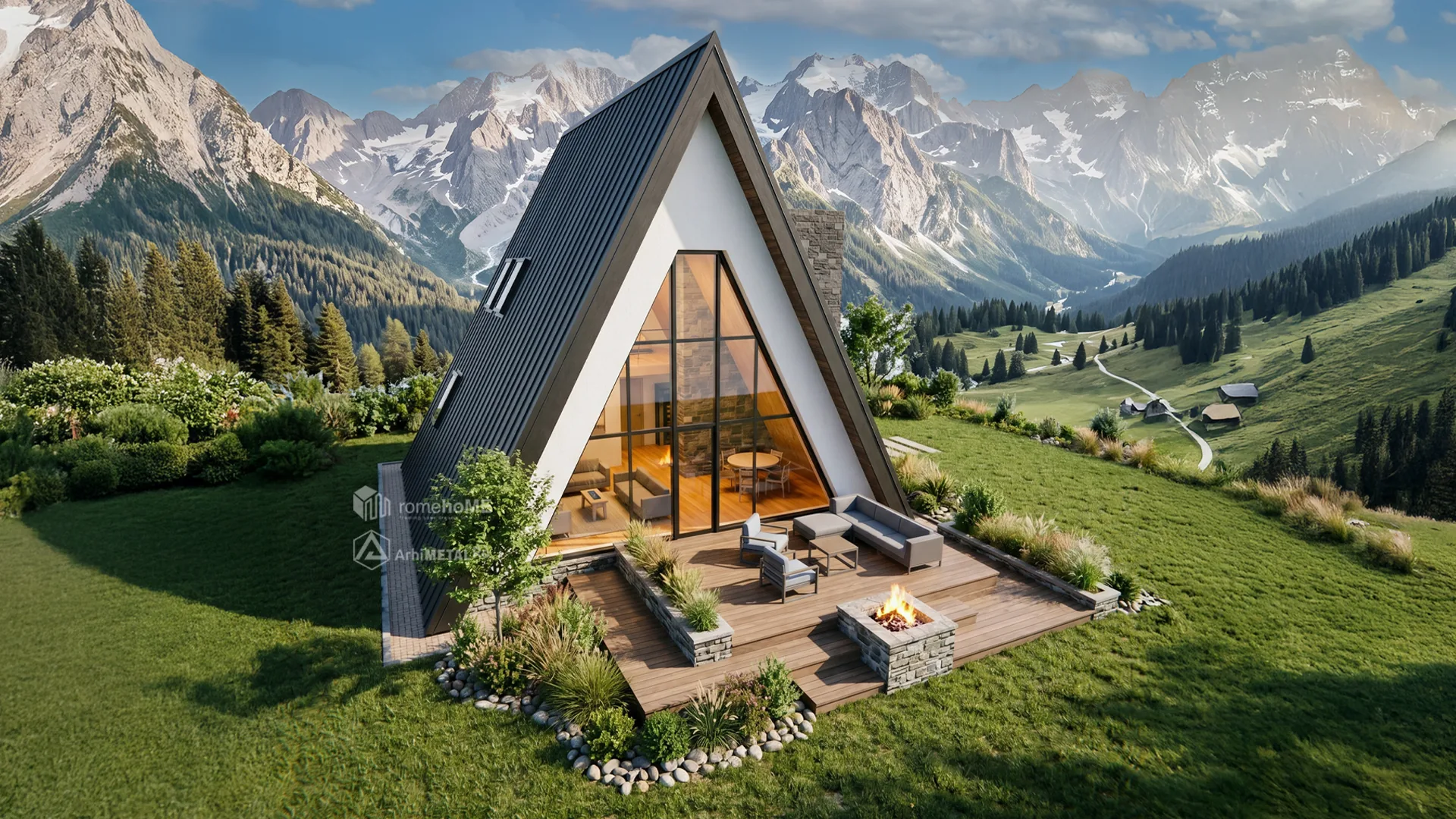 Casa Antonia, A-frame cu fațadă vitrată și terasă de lemn, cu munții în fundal