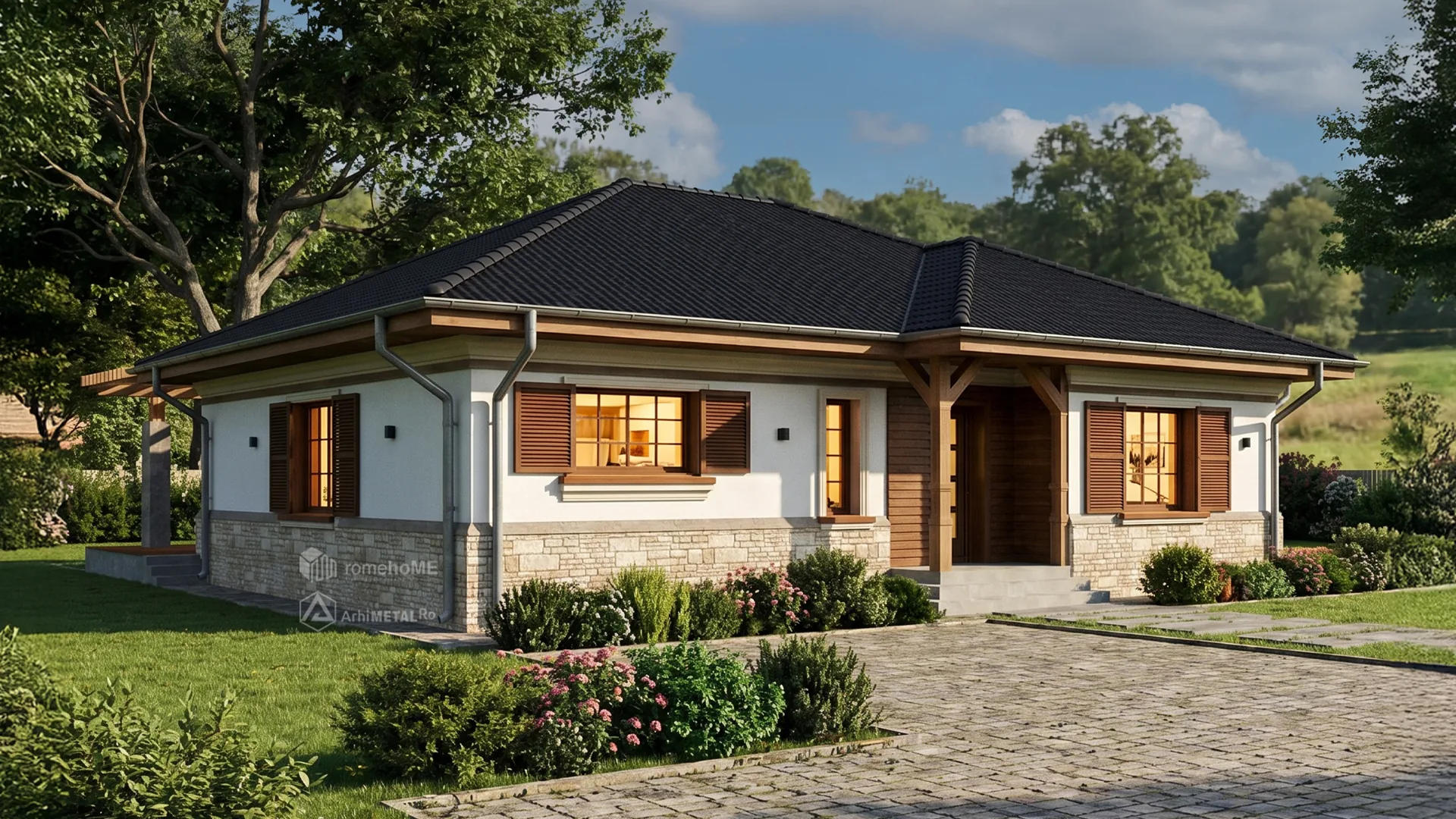 Casa Denisa, cu acoperiș în patru ape și soclu de piatră