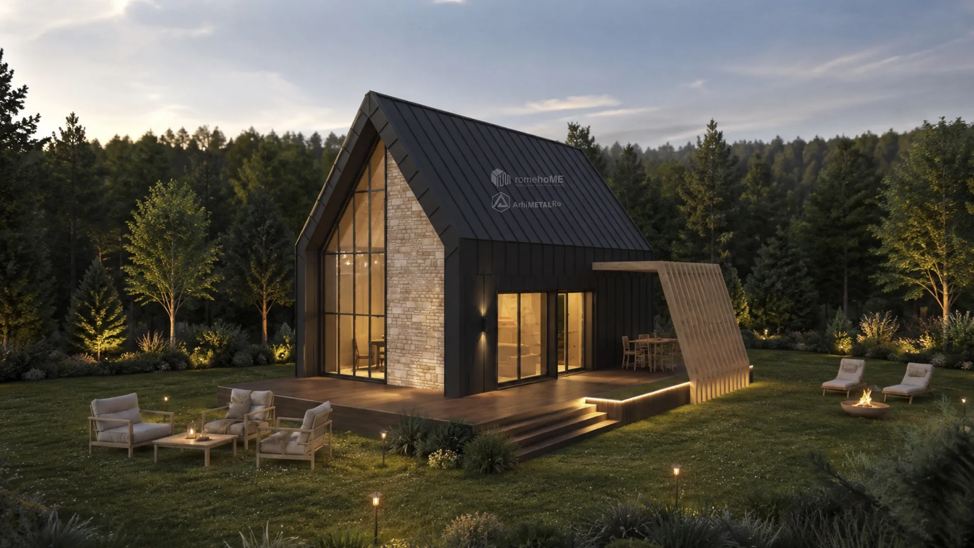 Casa Evelina, volum contemporan cu finisaje metalice închise și piatră, randarea 1
