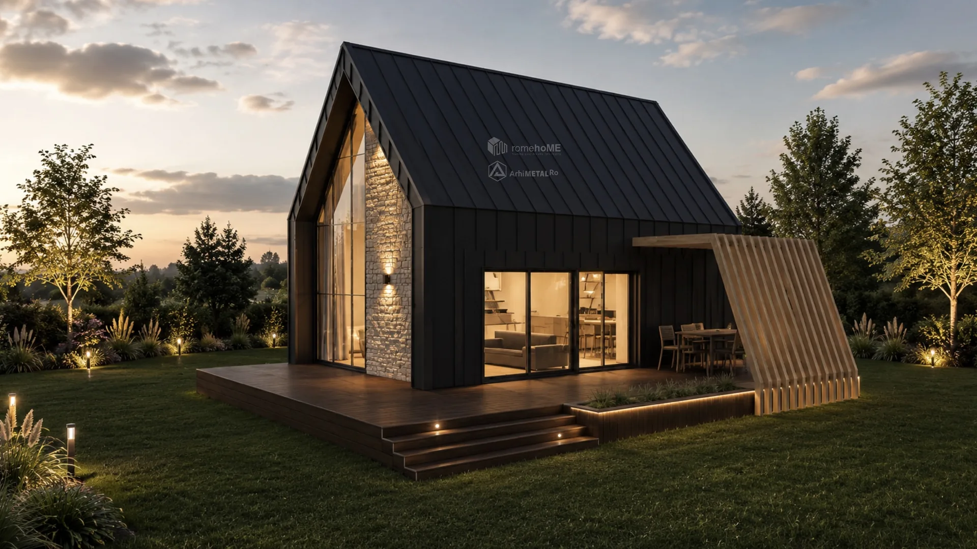 Casa Evelina, volum contemporan cu finisaje metalice închise și piatră, randarea 2