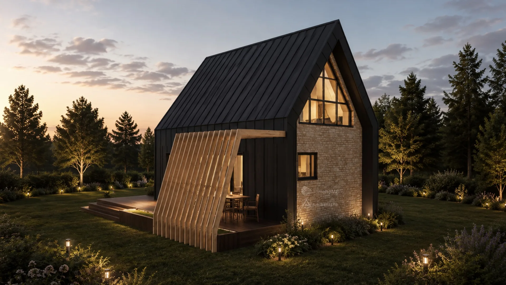 Casa Evelina, volum contemporan cu finisaje metalice închise și piatră, randarea 3