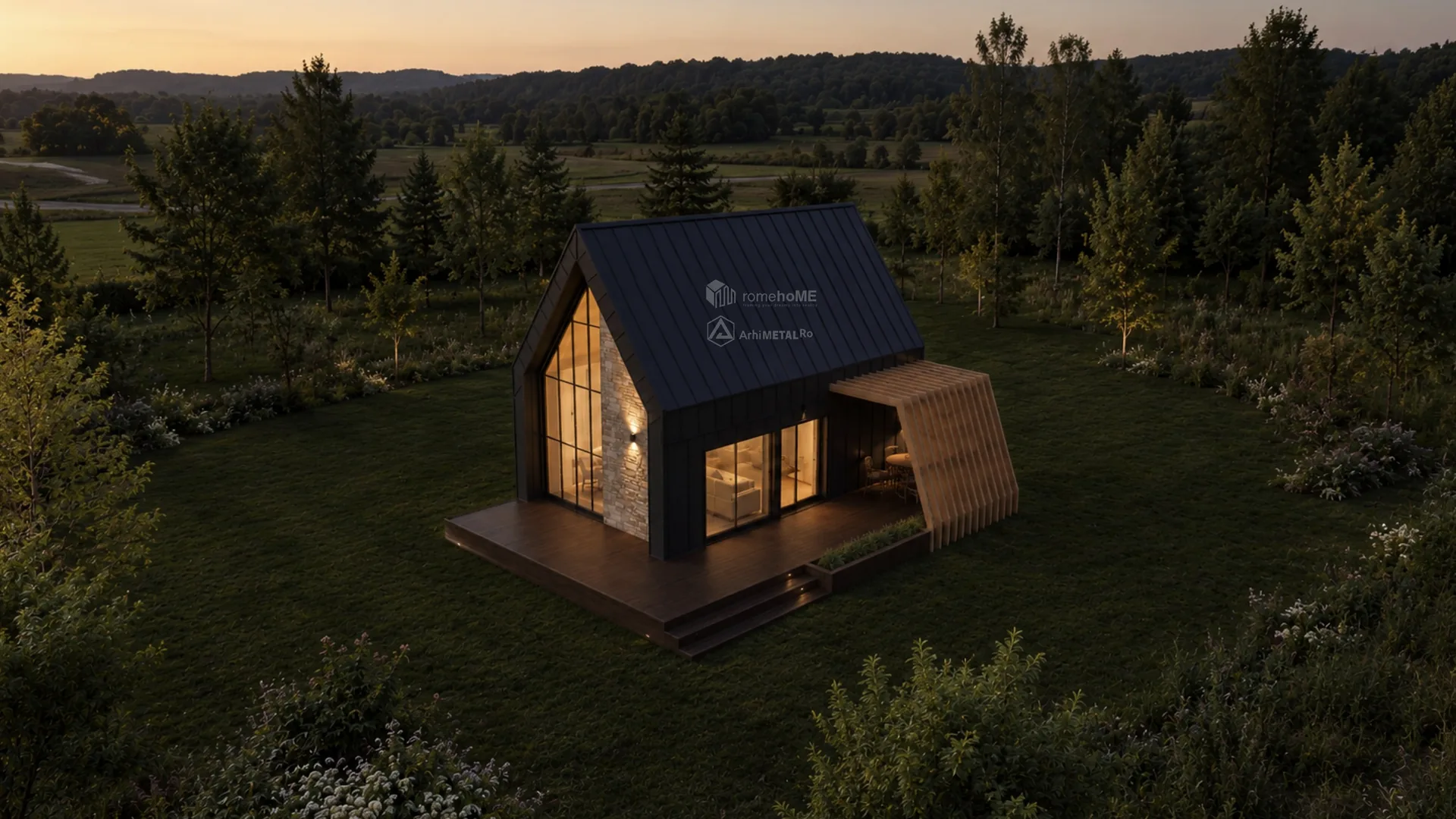 Casa Evelina, volum contemporan cu finisaje metalice închise și piatră, randarea 5