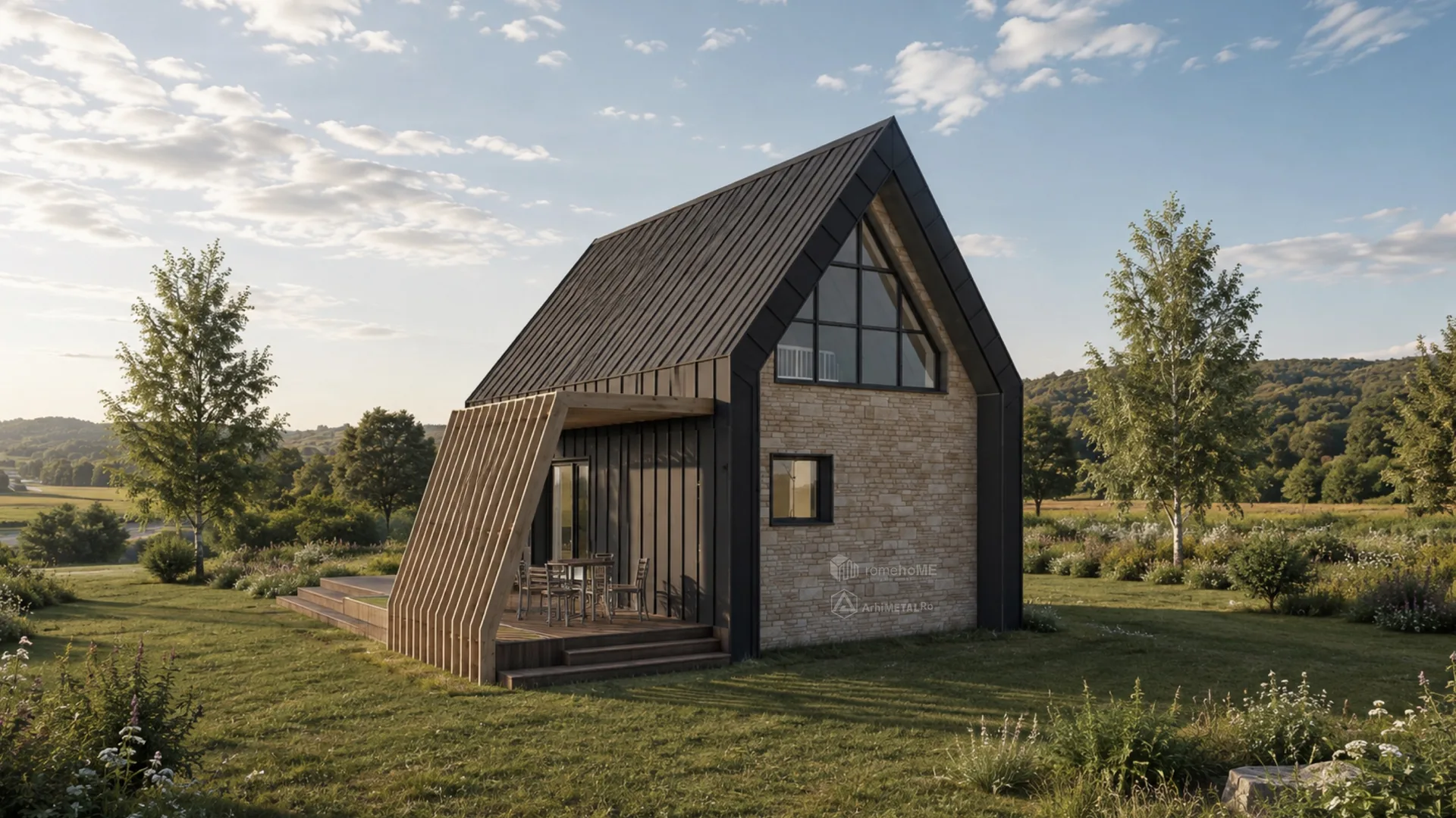 Casa Evelina, volum contemporan cu finisaje metalice închise și piatră, randarea 6