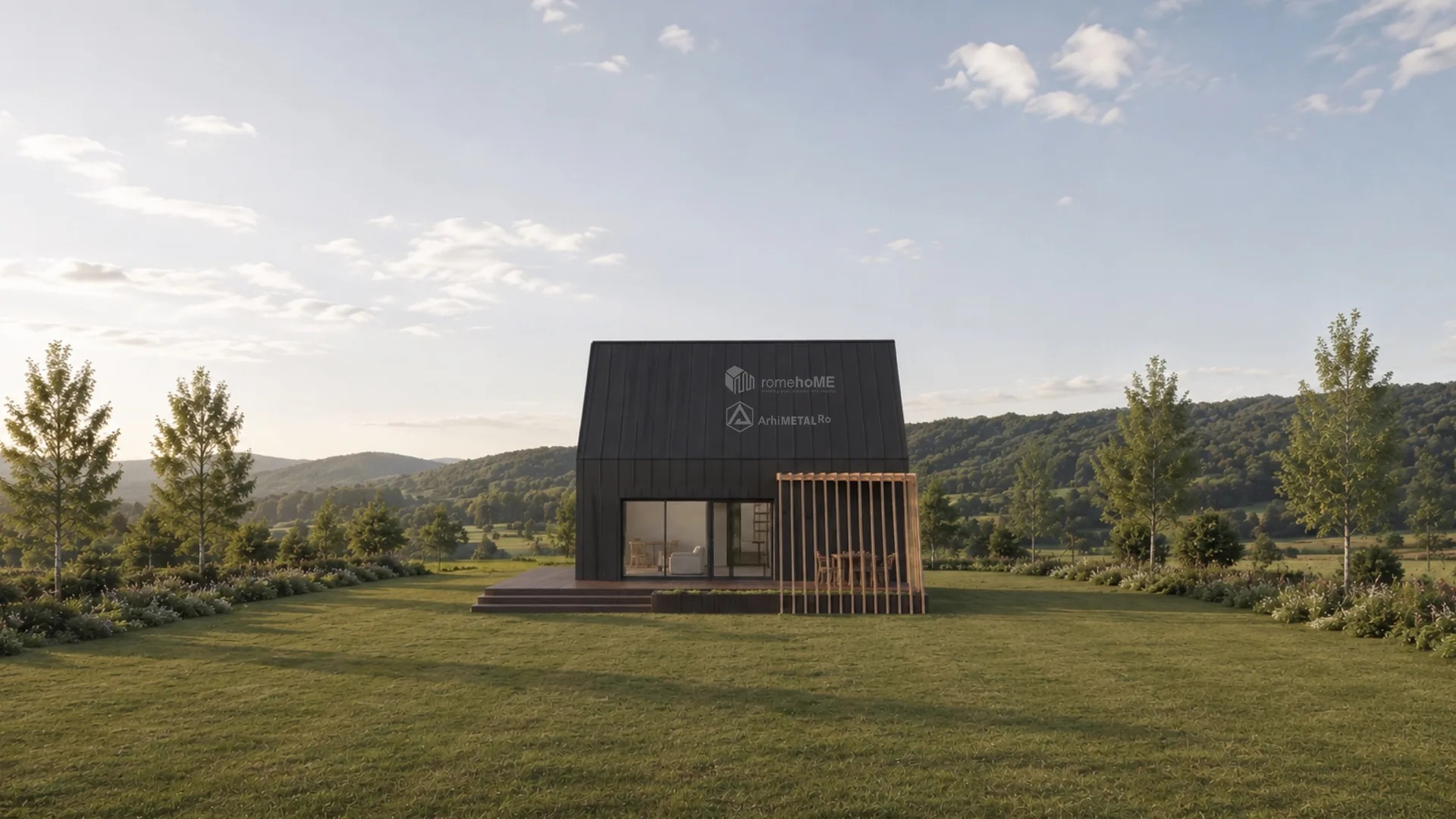 Casa Evelina, volum contemporan cu finisaje metalice închise și piatră, randarea 7