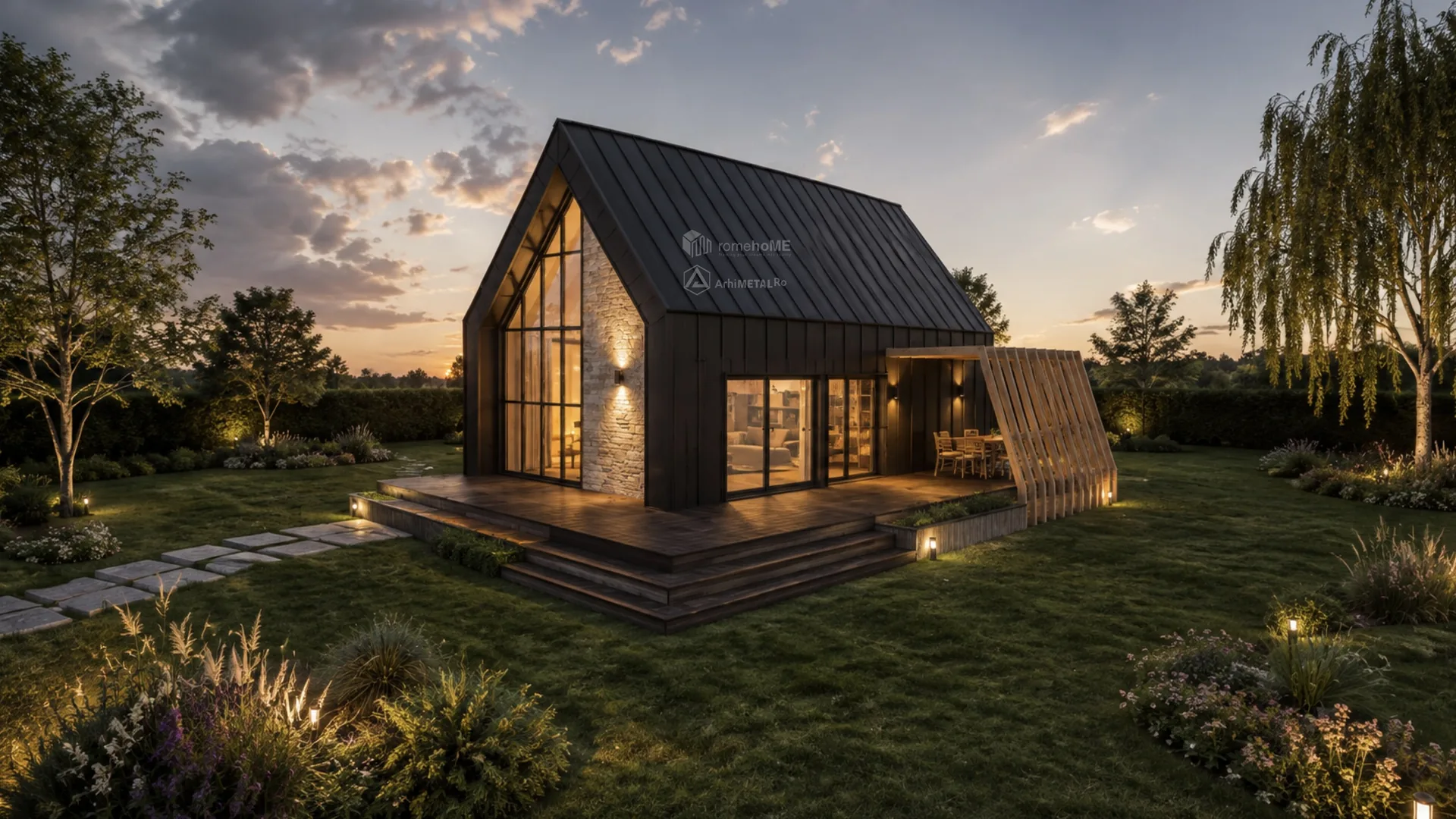 Casa Evelina, volum contemporan cu finisaje metalice închise și piatră, randarea 8
