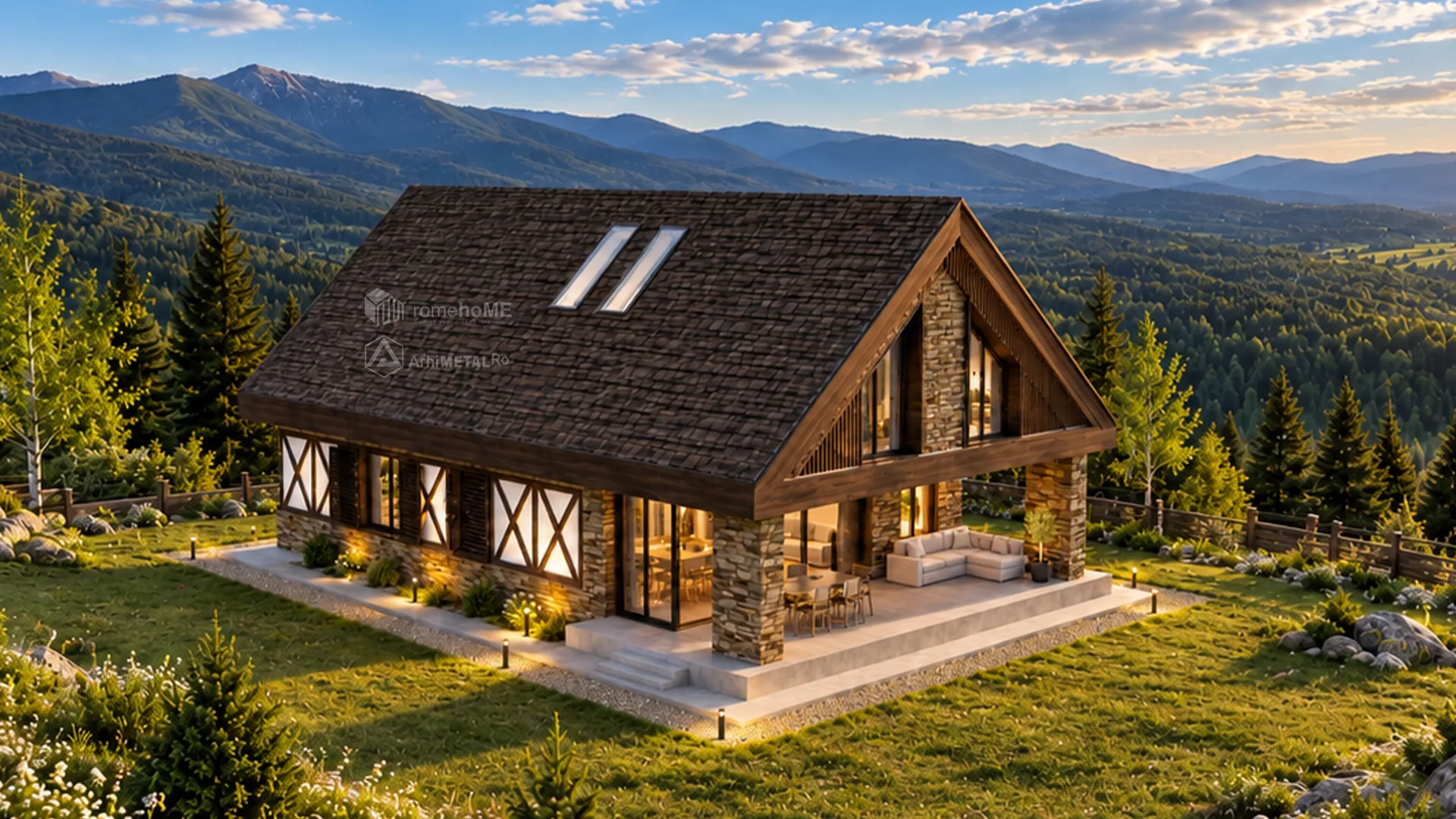 Casa Florina văzută de sus, seara, cu terasa luminată
