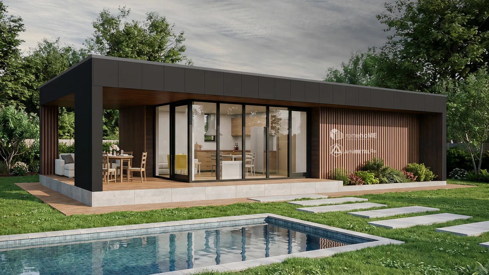 Casa Gina, terasa acoperită și piscina, ziua