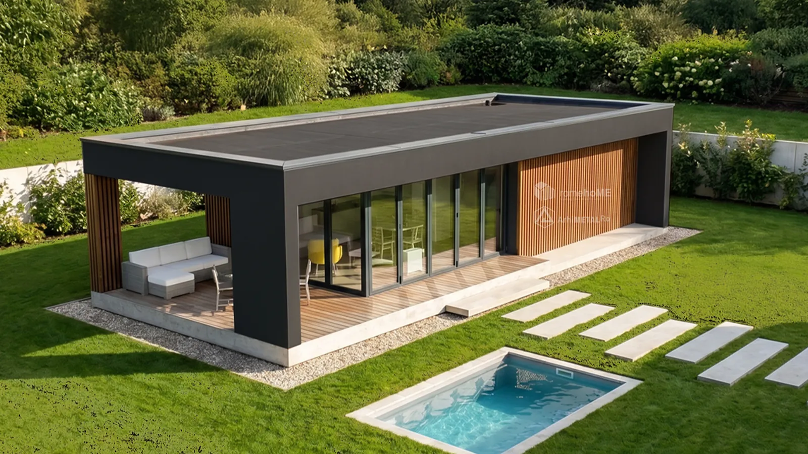 Casa Gina, terasa cu mobilier și aleea de dale