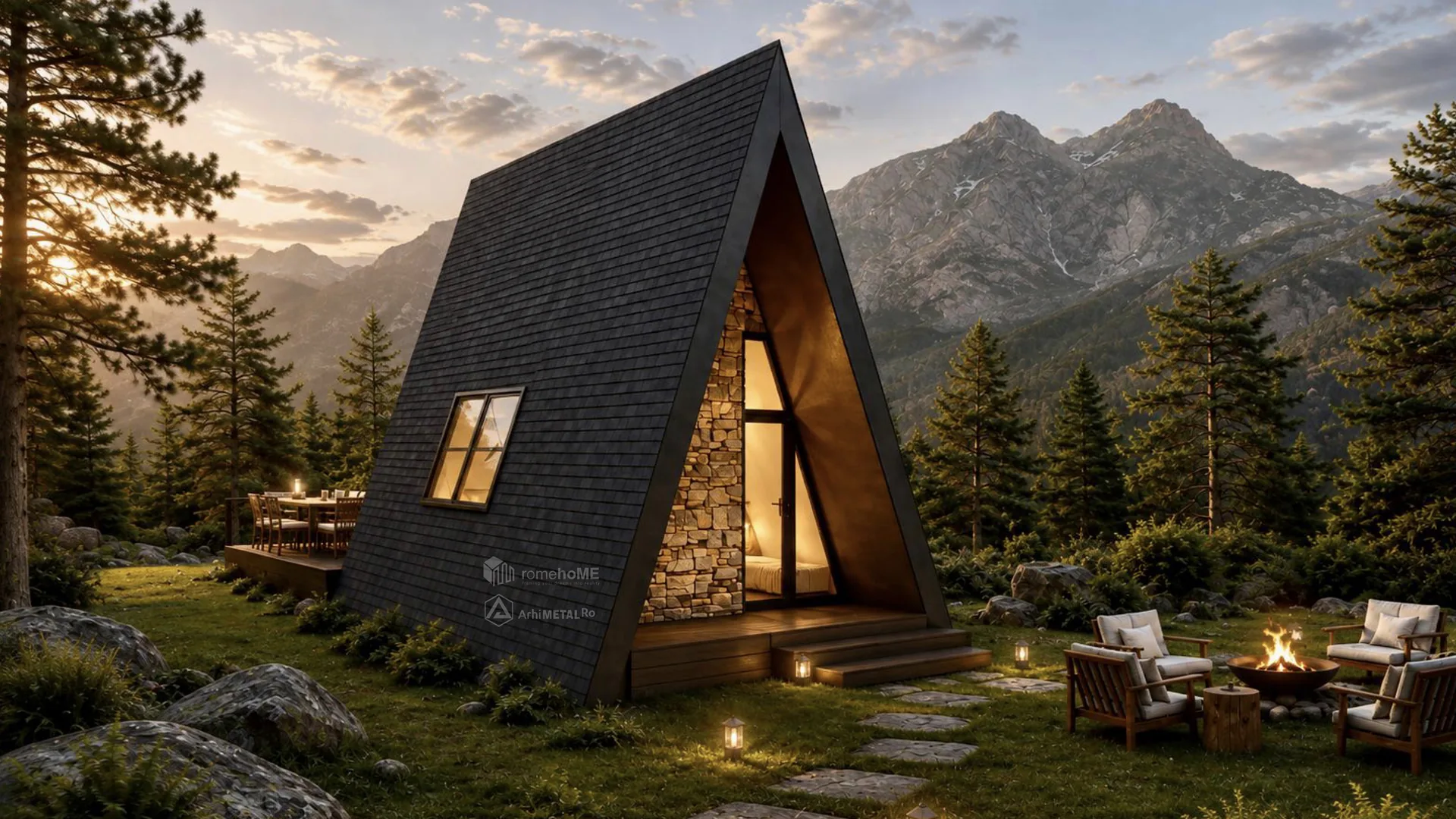 Casa Ingrid, A-Frame cu fațade vitrate și placare de piatră, randarea 1