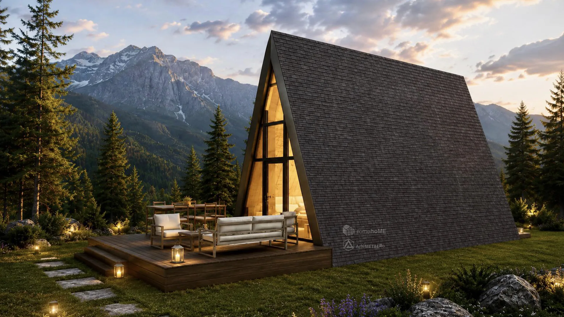 Casa Ingrid, A-Frame cu fațade vitrate și placare de piatră, randarea 2