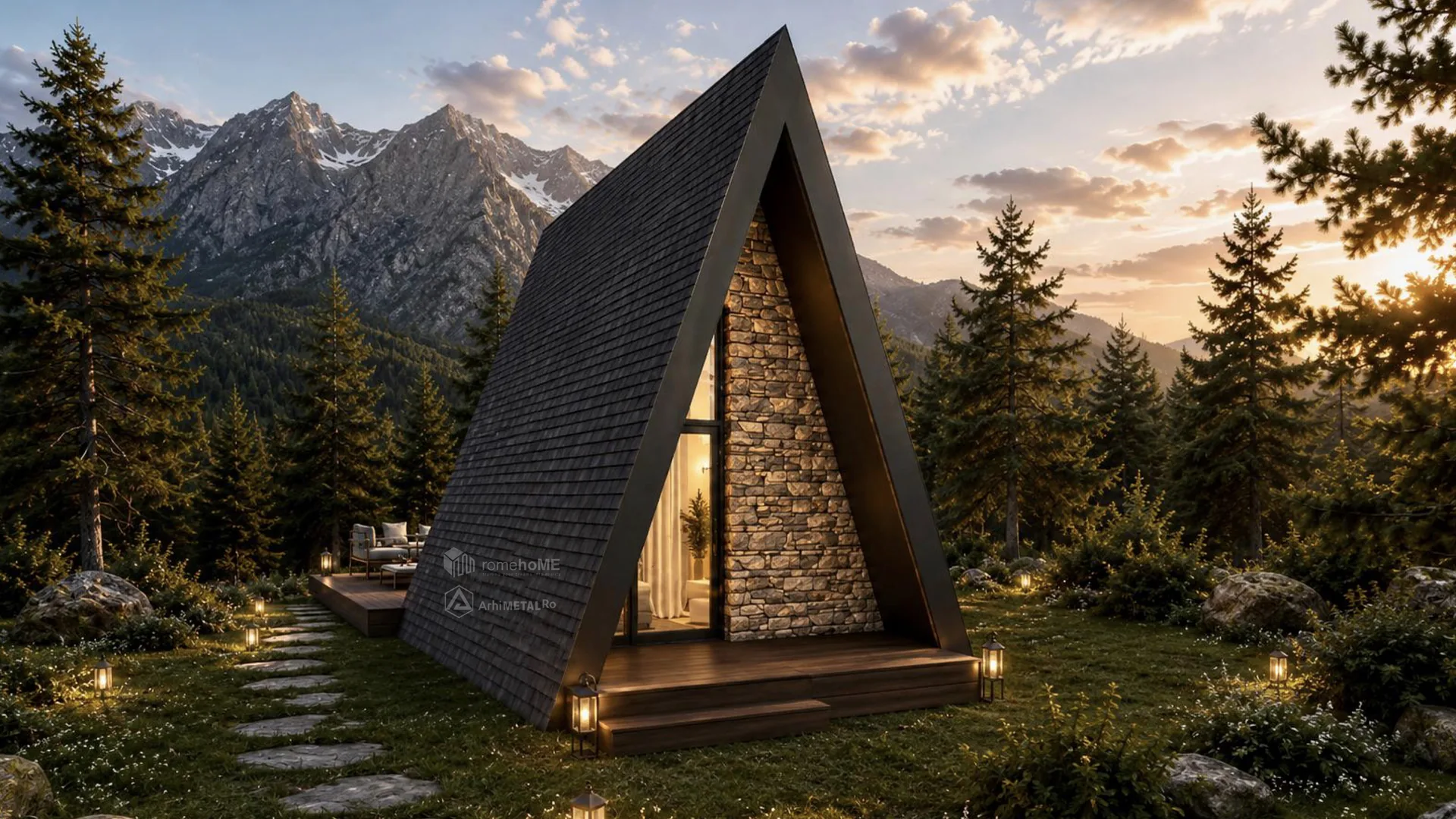 Casa Ingrid, A-Frame cu fațade vitrate și placare de piatră, randarea 3