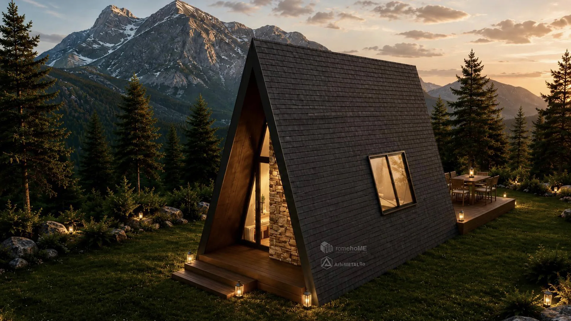 Casa Ingrid, A-Frame cu fațade vitrate și placare de piatră, randarea 4