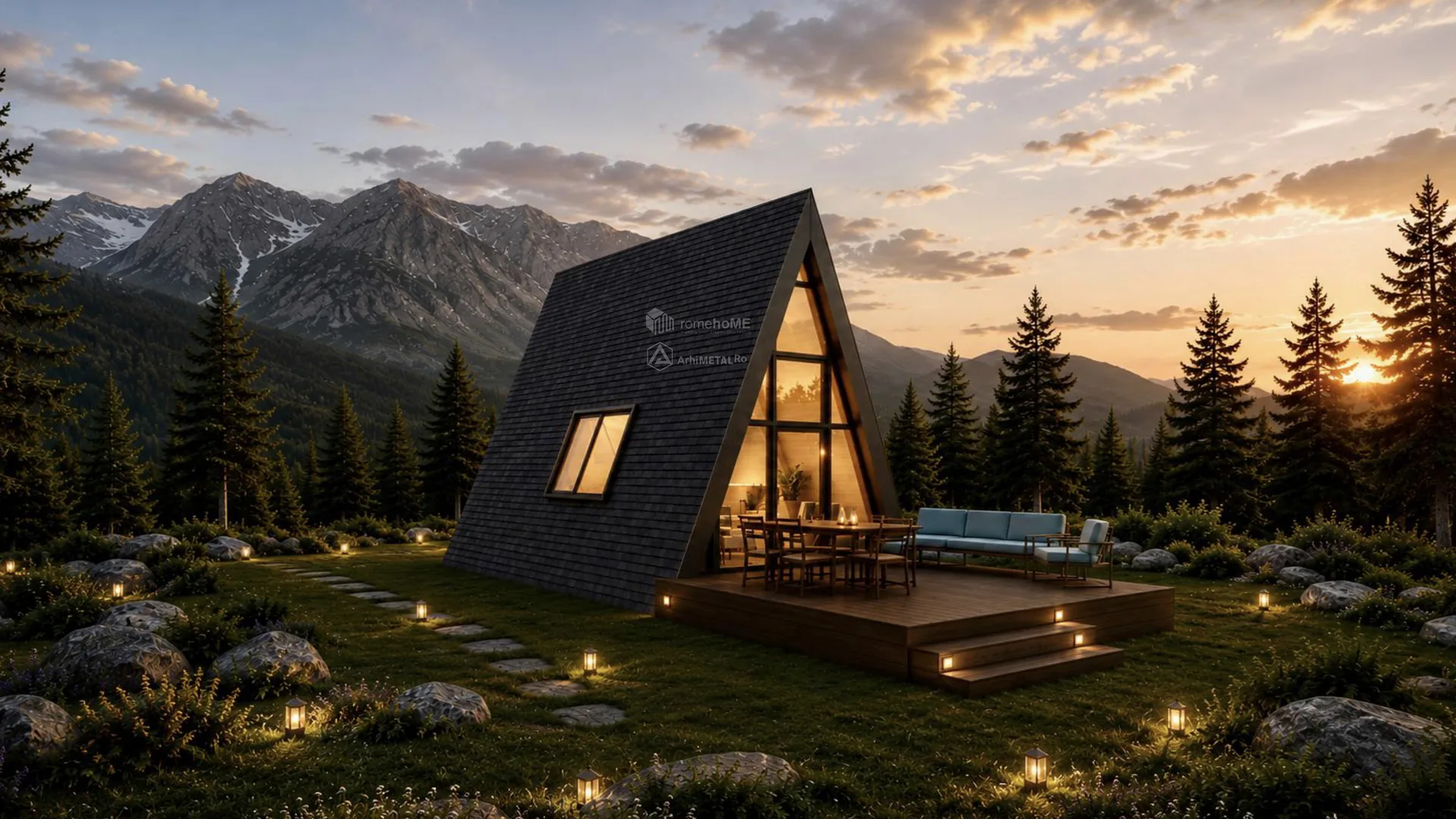 Casa Ingrid, A-Frame cu fațade vitrate și placare de piatră, randarea 5