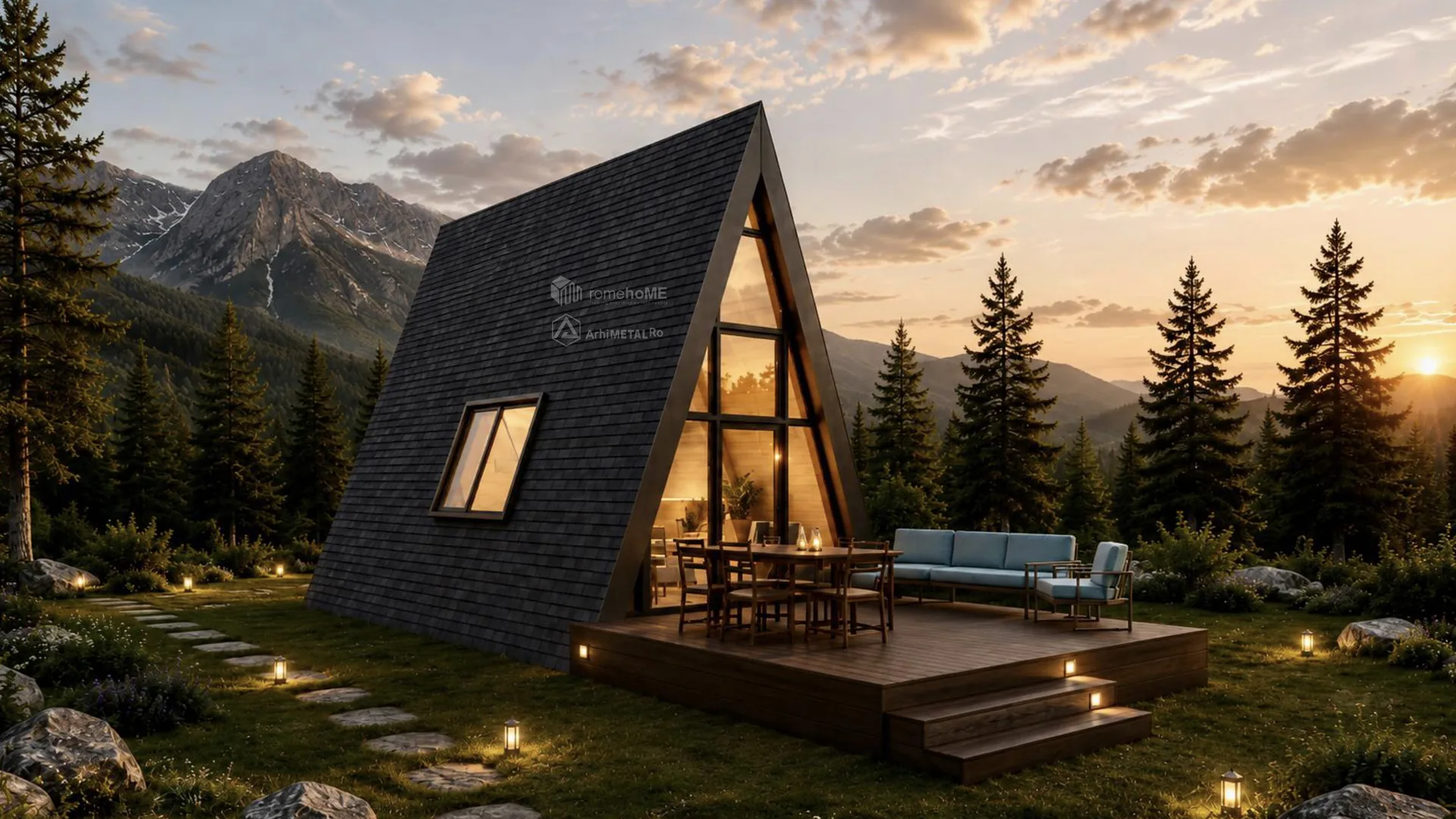 Casa Ingrid, A-Frame cu fațade vitrate și placare de piatră, randarea 6