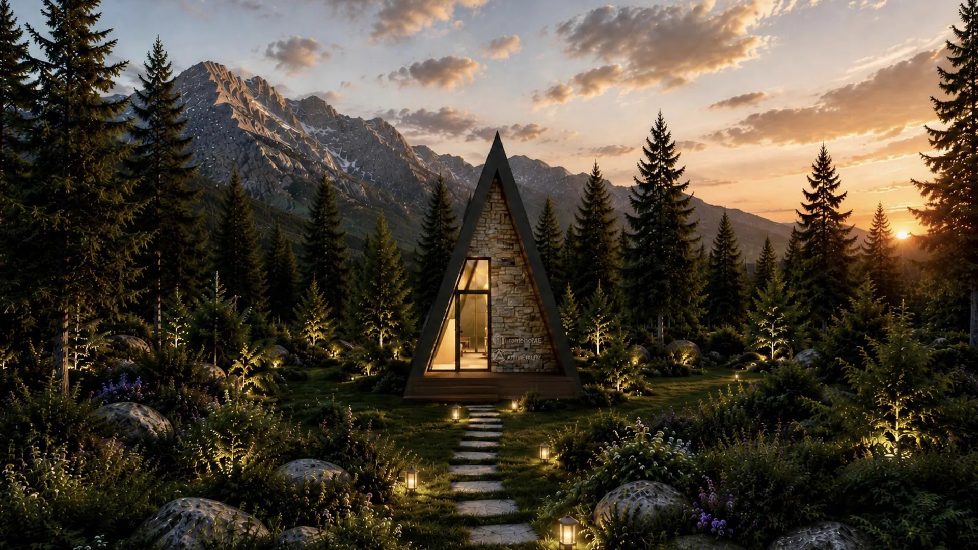 Casa Ingrid, A-Frame cu fațade vitrate și placare de piatră, randarea 7