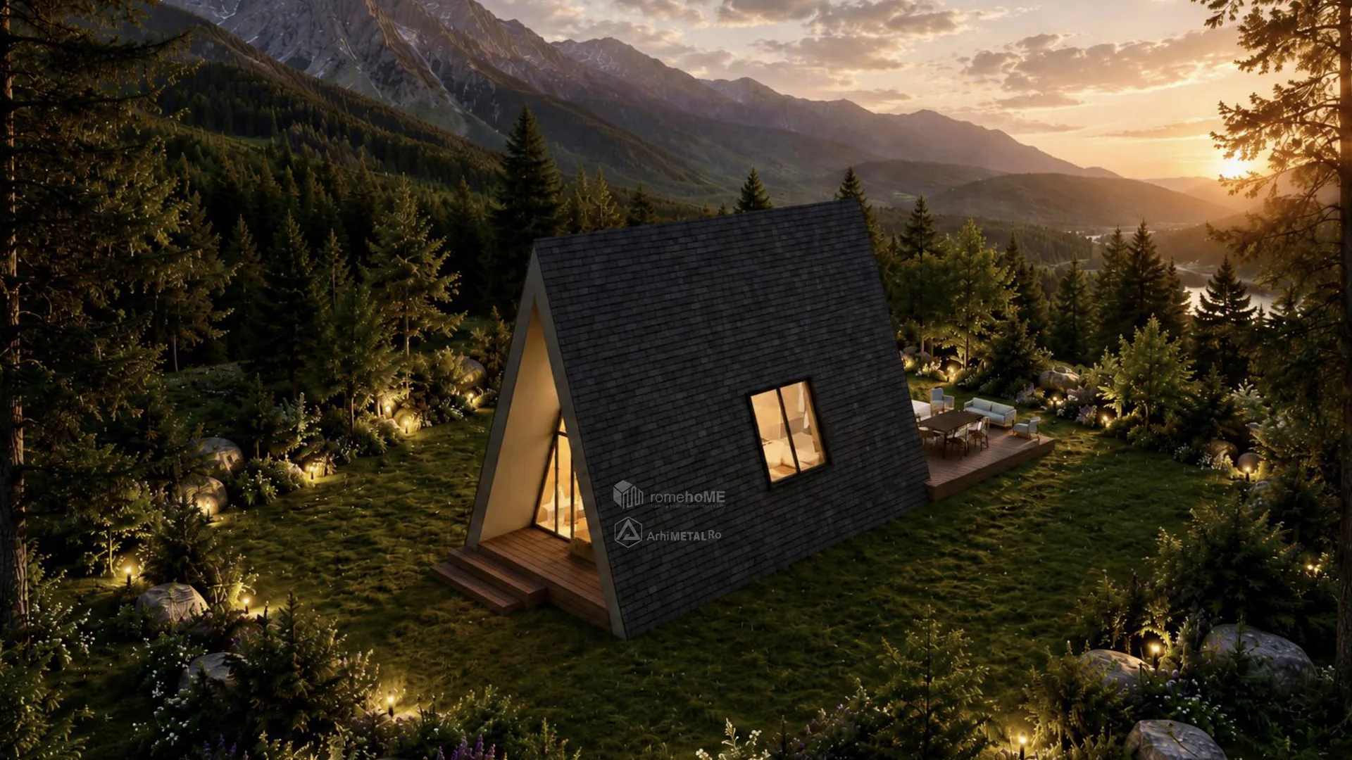 Casa Ingrid, A-Frame cu fațade vitrate și placare de piatră, randarea 8