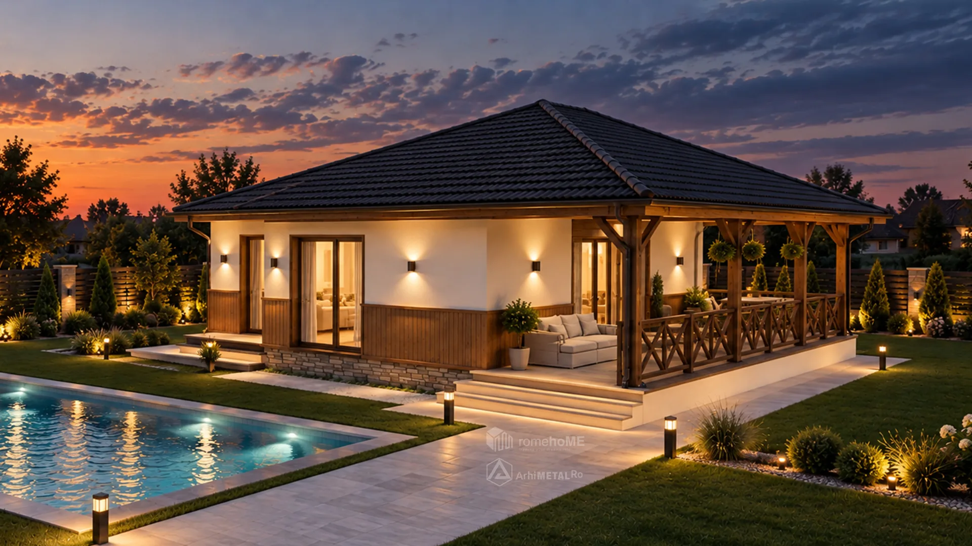 Casa Ioana seara, cu luminile aprinse și piscina