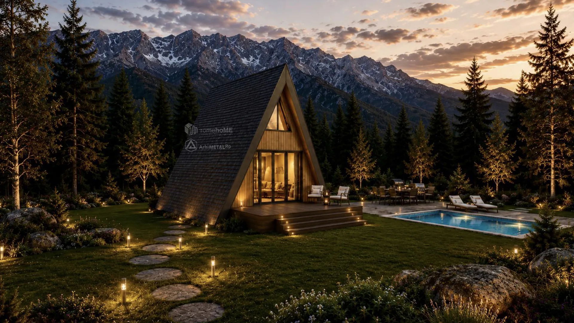 Casa Iris, cabană A-Frame cu terasă și pergolă, randarea 1