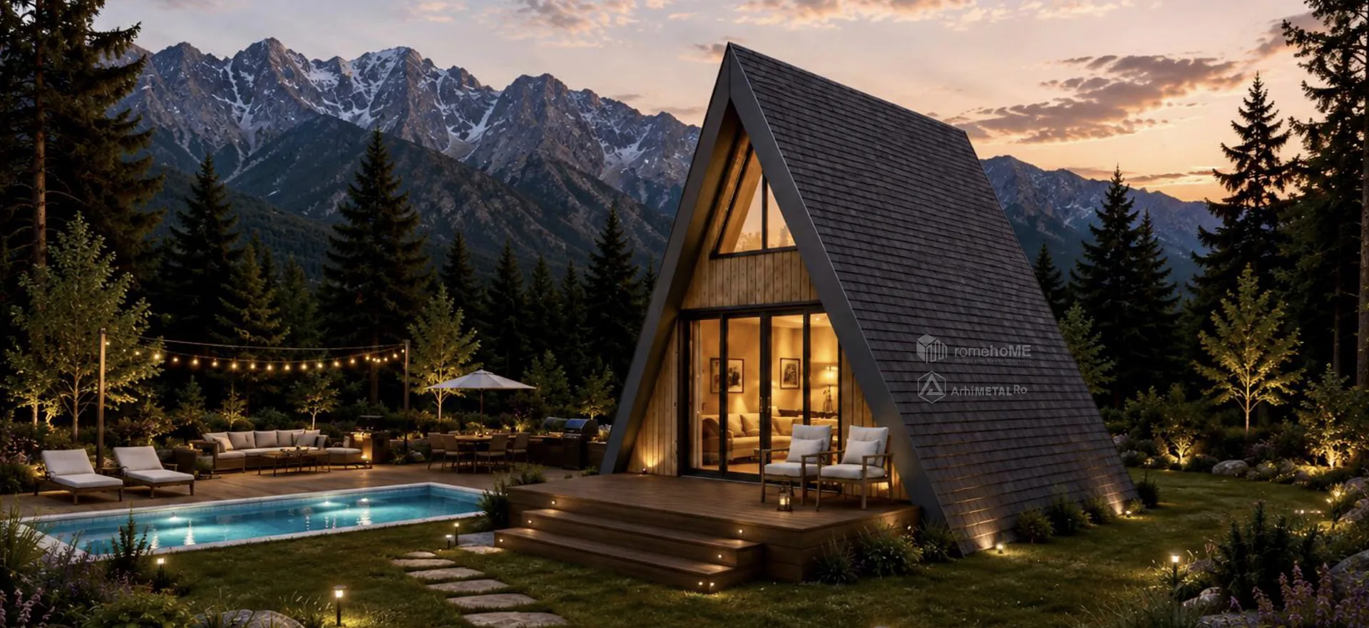 Casa Iris, cabană A-Frame cu terasă și pergolă, randarea 2
