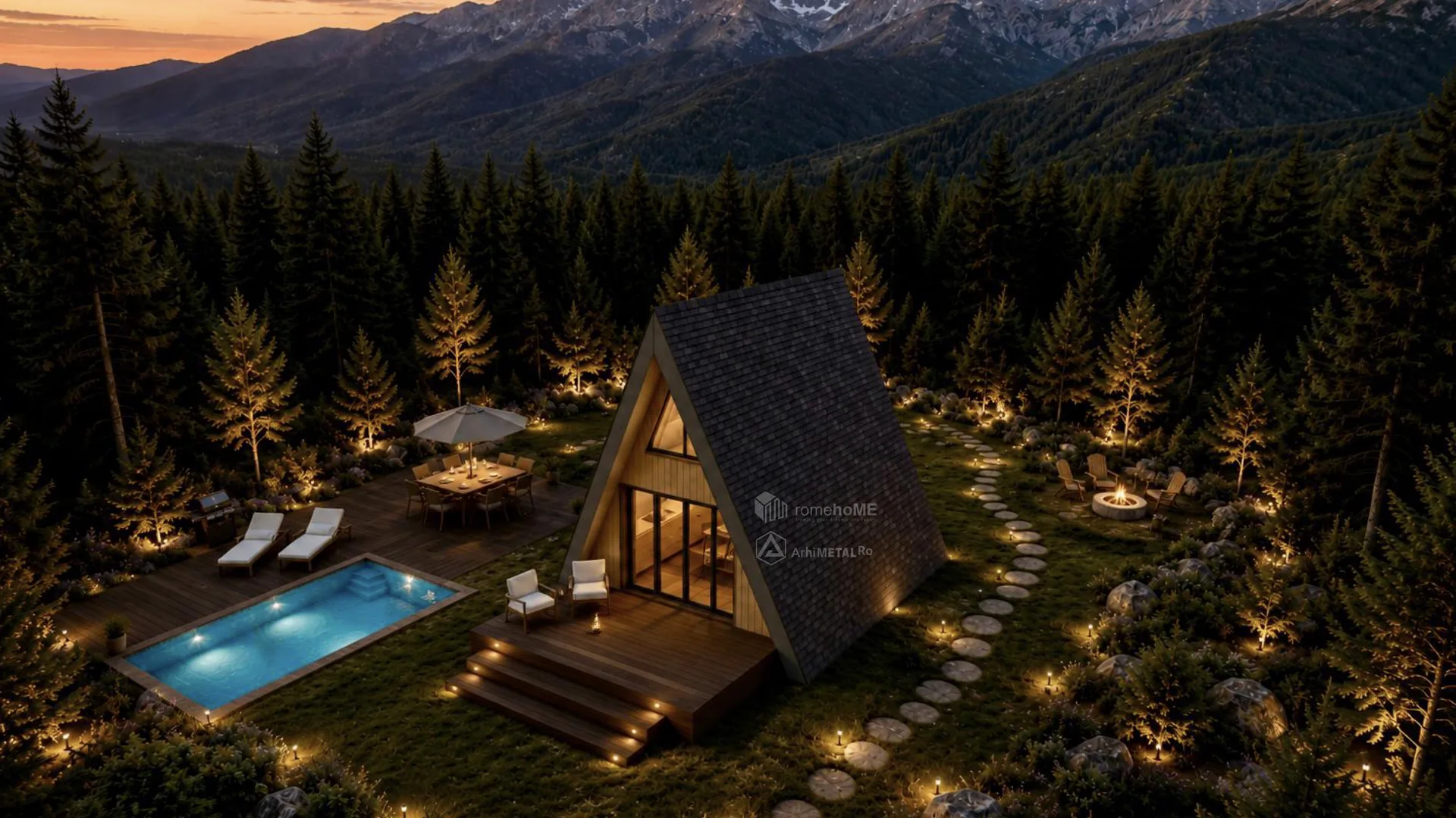 Casa Iris, cabană A-Frame cu terasă și pergolă, randarea 3
