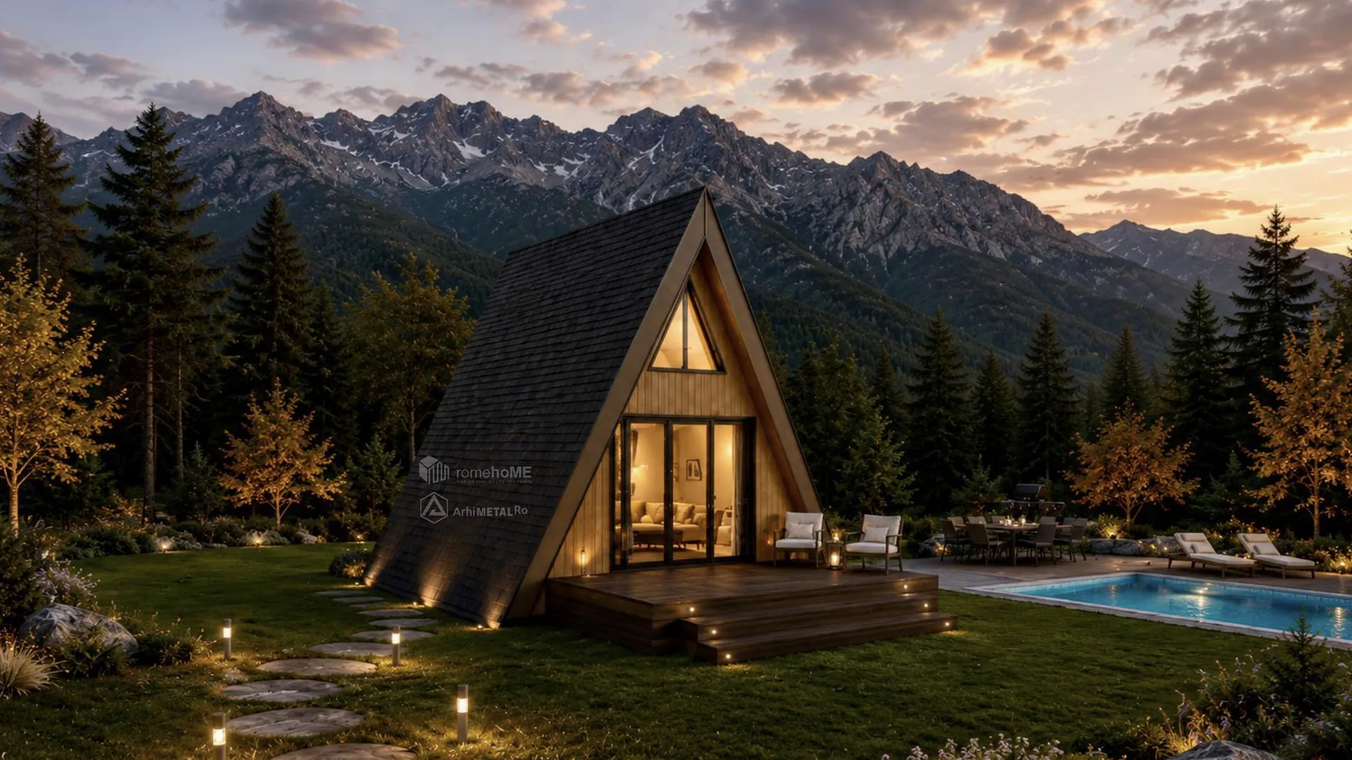 Casa Iris, cabană A-Frame cu terasă și pergolă, randarea 4
