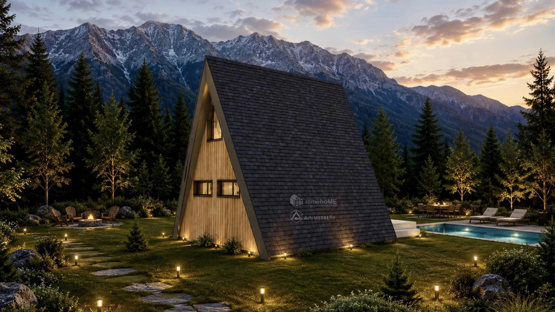 Casa Iris, cabană A-Frame cu terasă și pergolă, randarea 5