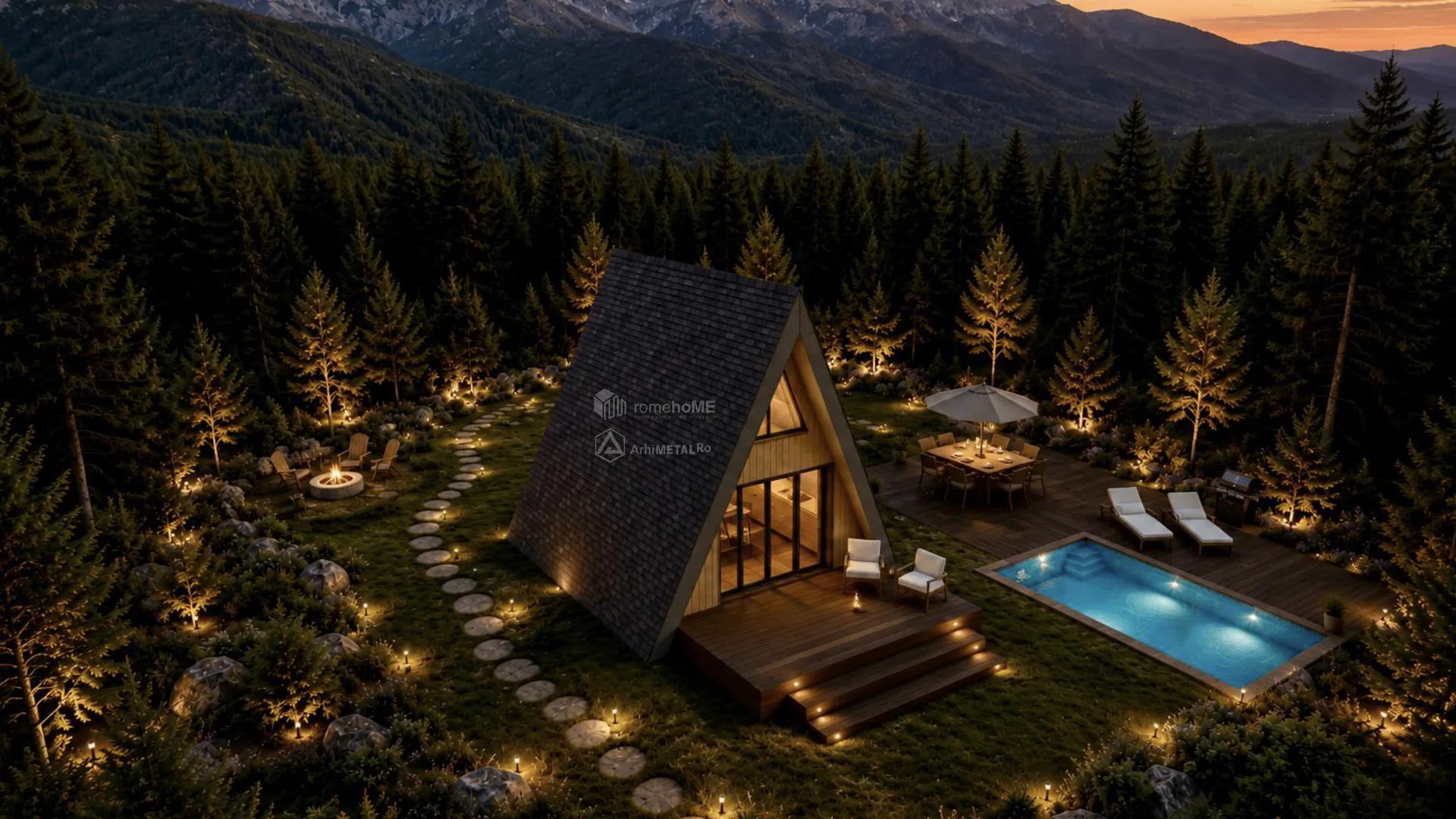 Casa Iris, cabană A-Frame cu terasă și pergolă, randarea 6