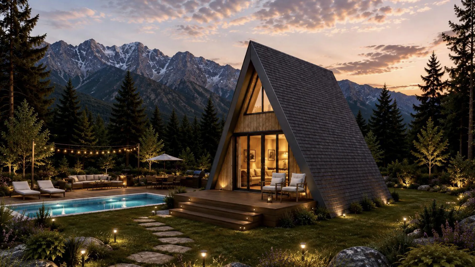 Casa Iris, cabană A-Frame cu terasă și pergolă, randarea 7
