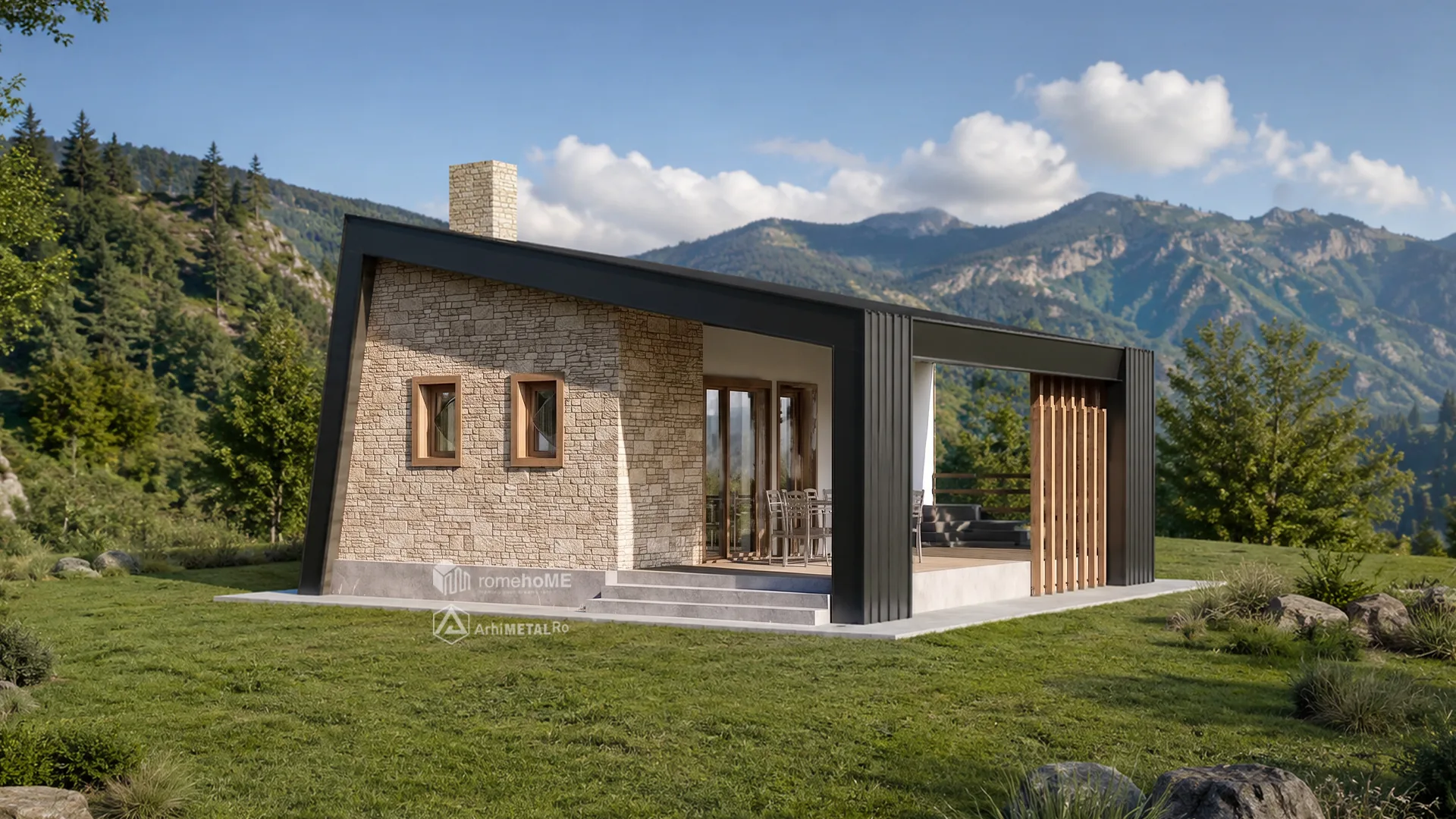 Casa Mara în peisaj montan, cu terasa acoperită și soclul de piatră