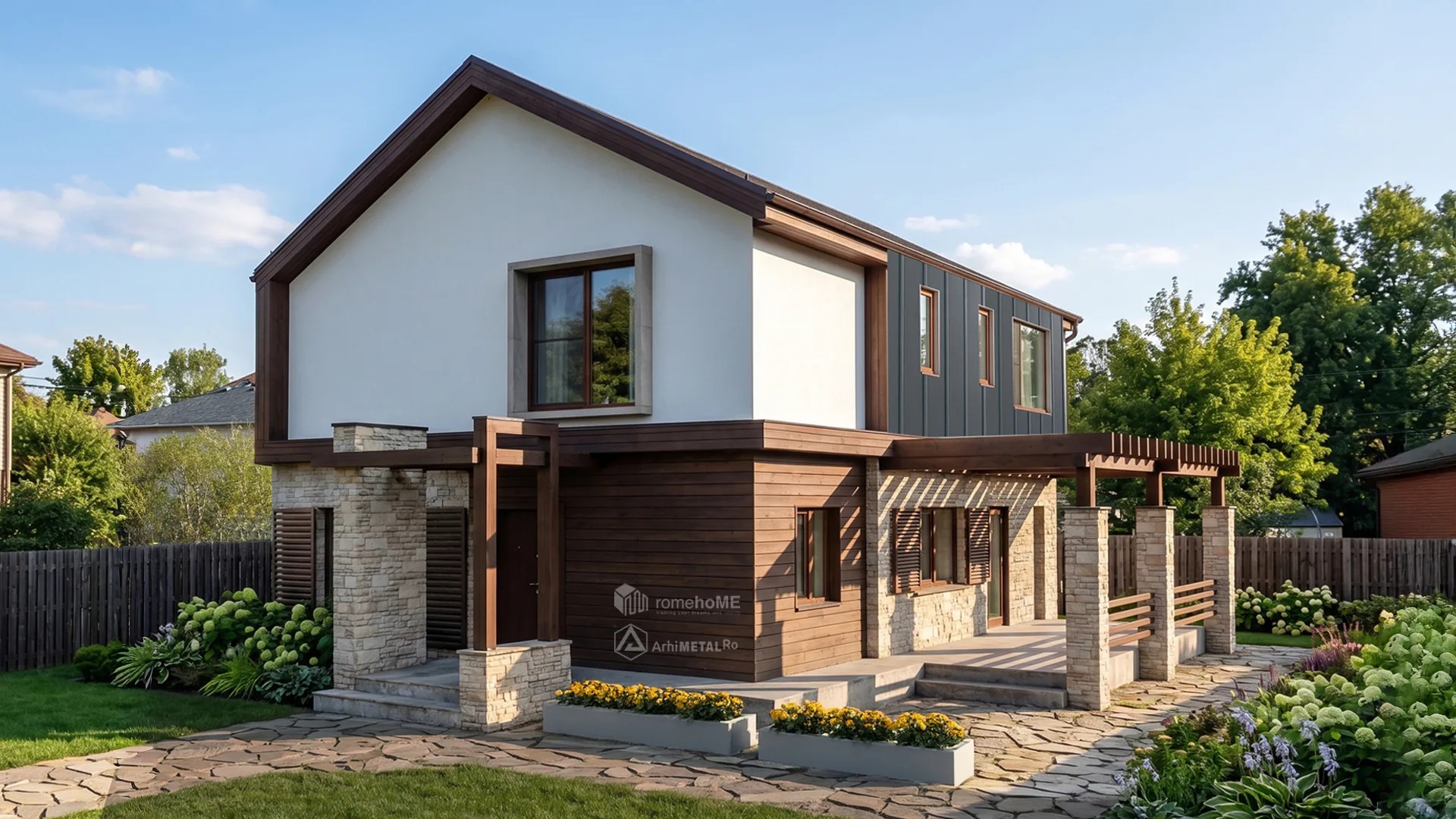 Casa Maria din colț, cu soclul de piatră și pergola