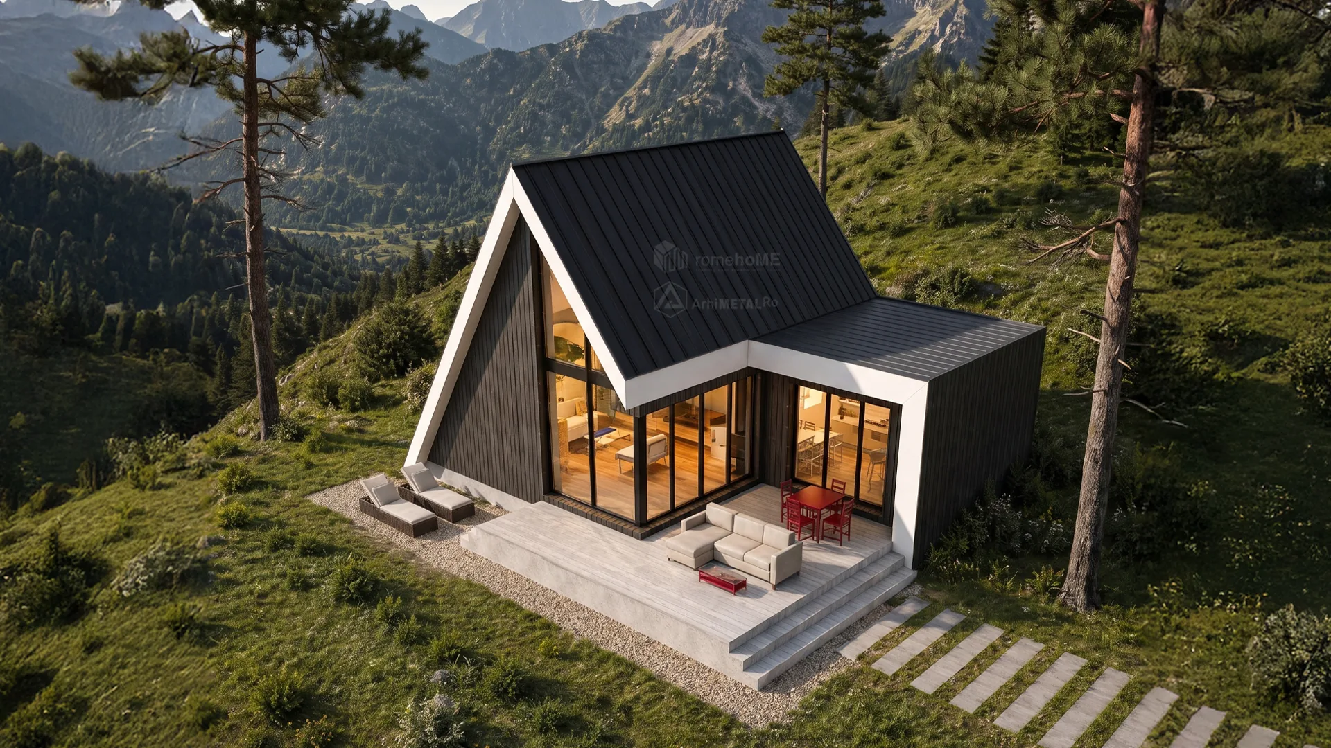 Casa Mihaela văzută de sus, cu terasa, șezlongurile și aleea de dale