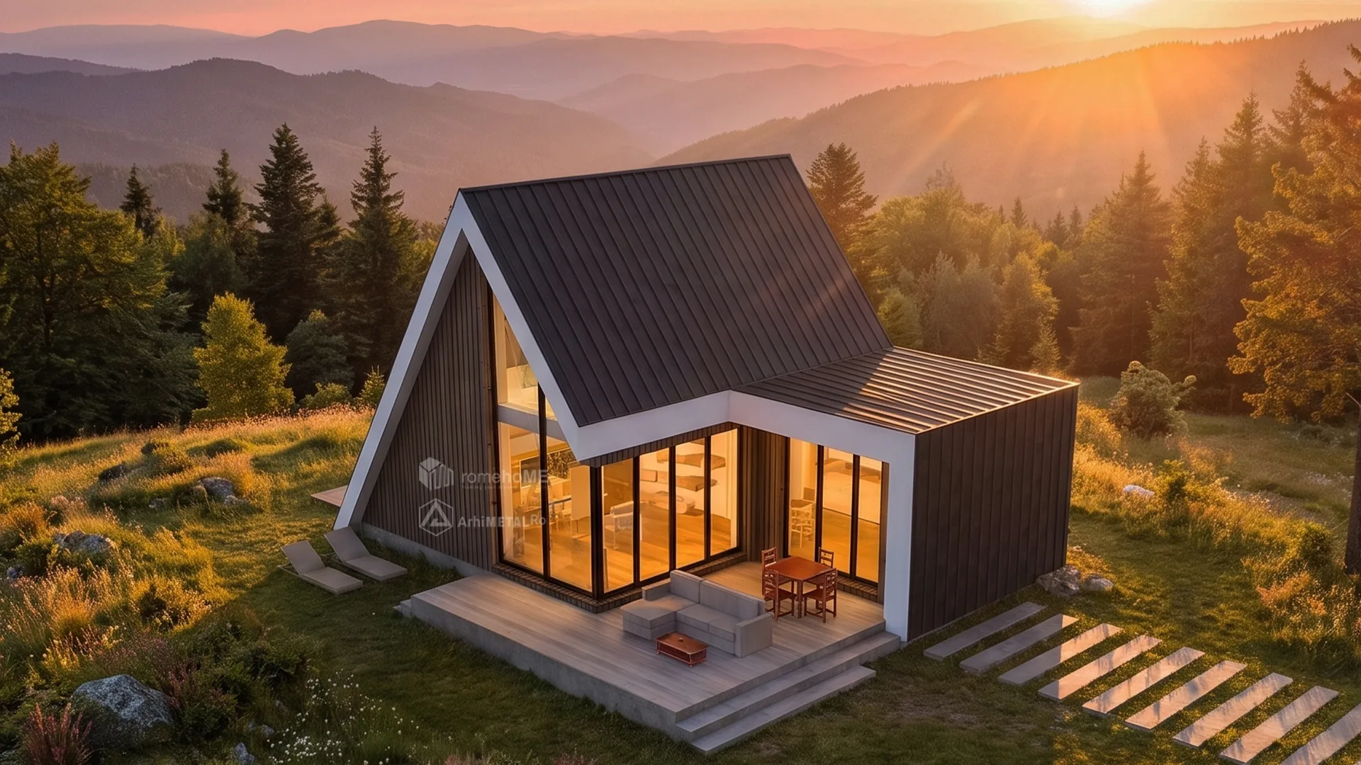 Casa Mihaela pe o culme, la răsărit, cu interiorul luminat prin fațada vitrată