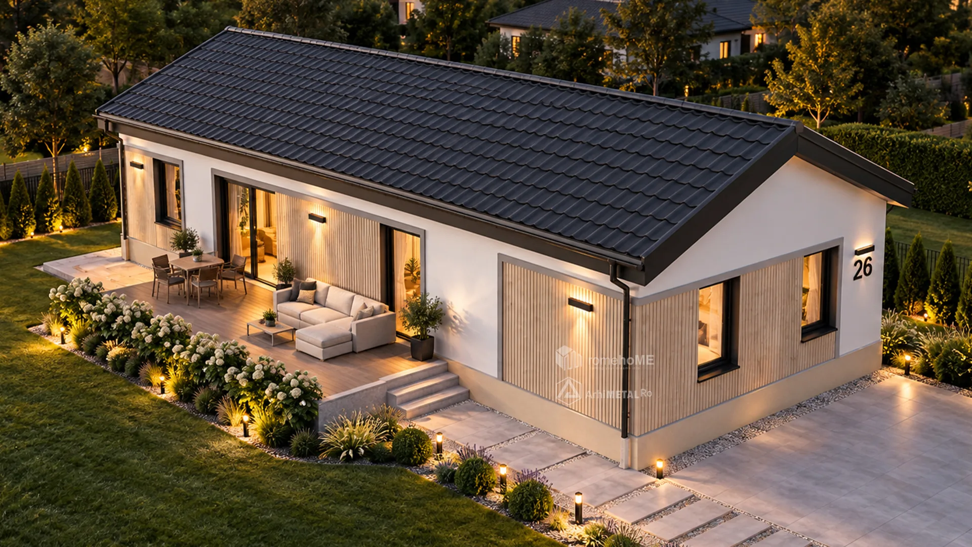 Casa Miruna văzută de sus, cu acoperișul în două ape și terasa luminată