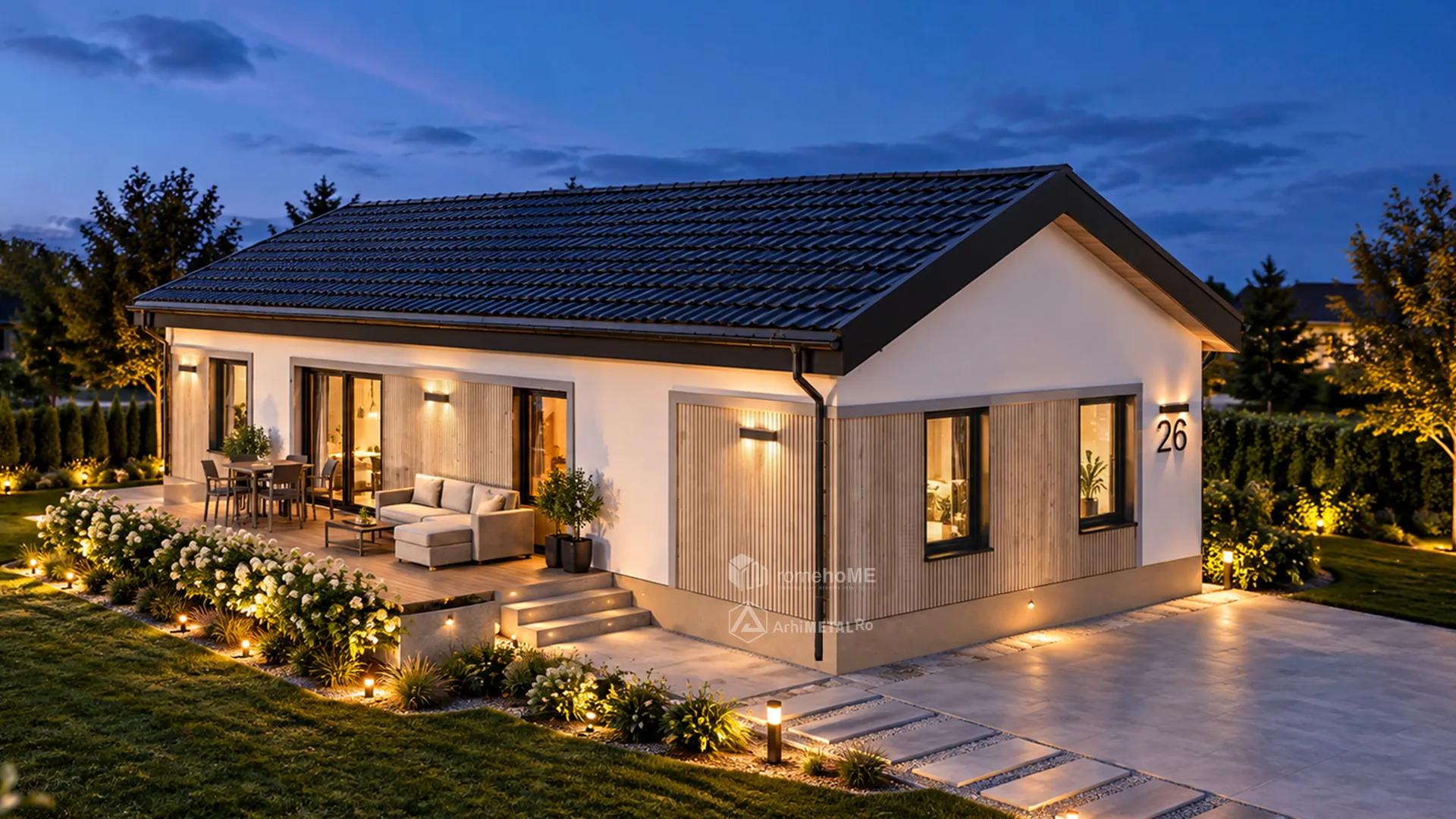 Casa Miruna seara, cu terasa și aleea luminate