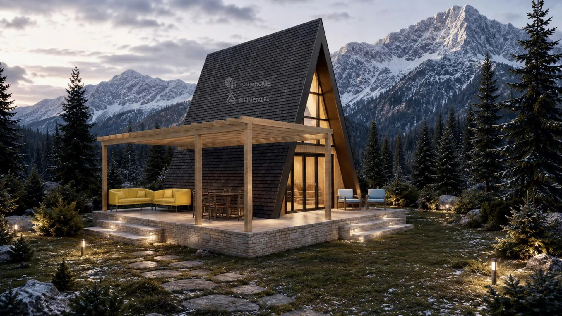 Casa Natalia, A-Frame cu terasă acoperită de pergolă, randarea 1
