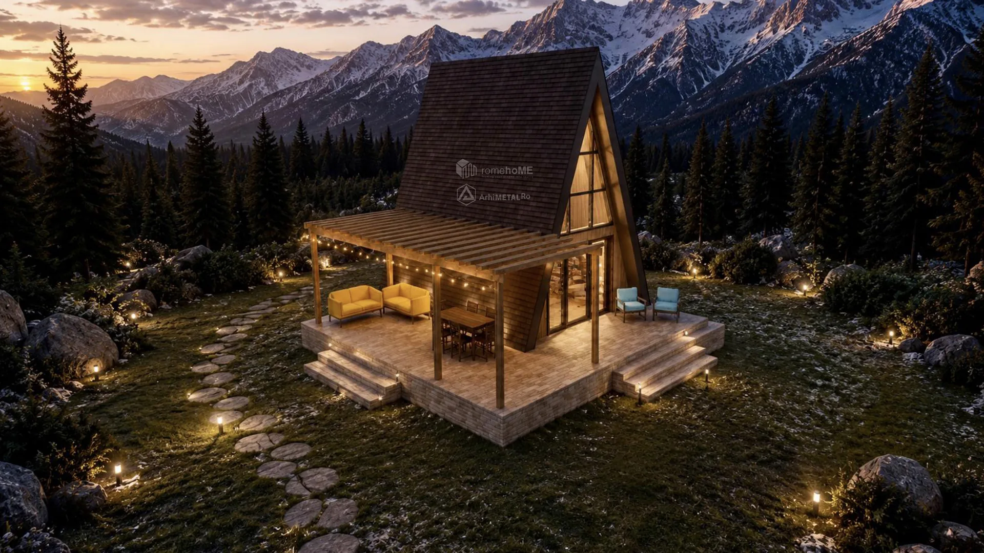 Casa Natalia, A-Frame cu terasă acoperită de pergolă, randarea 3