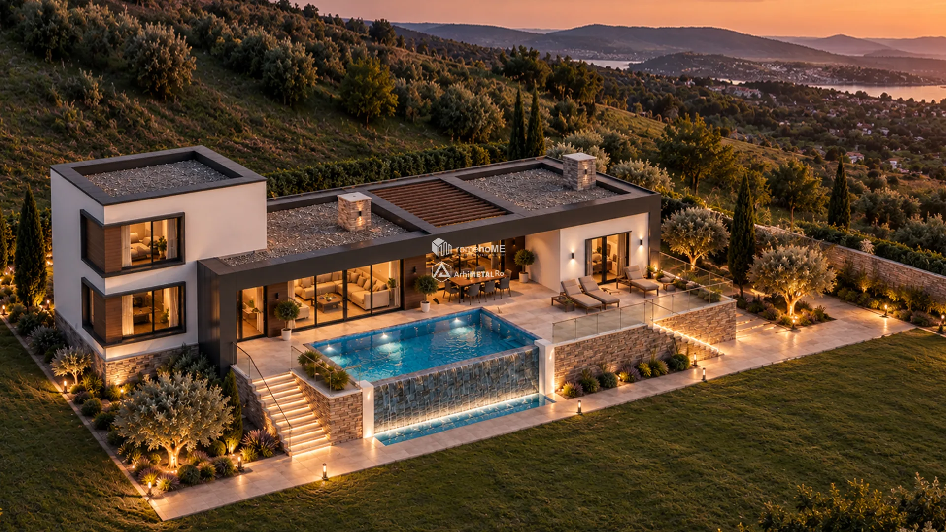 Casa Olivia văzută de sus, la apus, cu piscina luminată