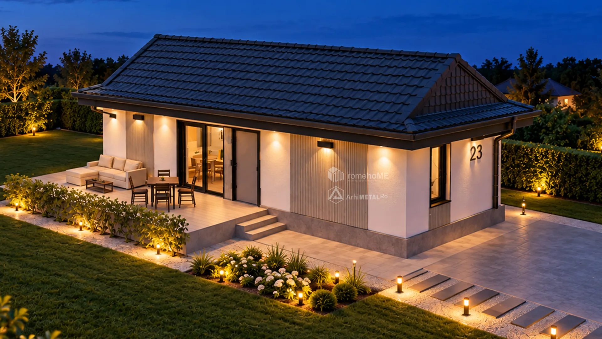Casa Paula seara, cu terasa și aleea luminate