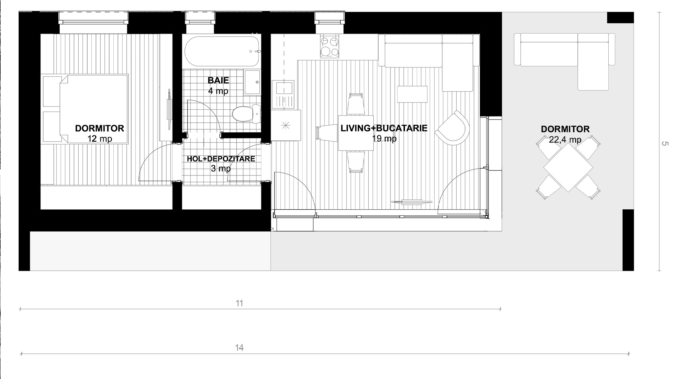 Plan parter pentru Casa Alina: living cu bucătărie, dormitor, baie, hol cu depozitare și terasă acoperită