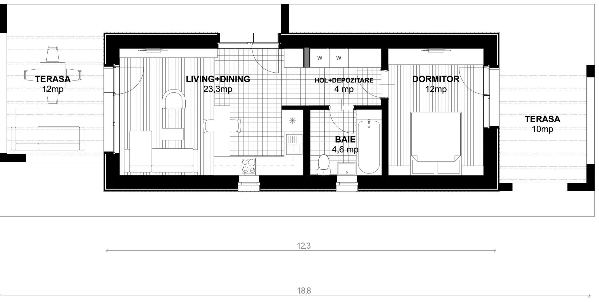 Plan parter pentru Casa Amanda: living cu dining, dormitor, baie, hol cu depozitare și două terase, câte una la fiecare capăt