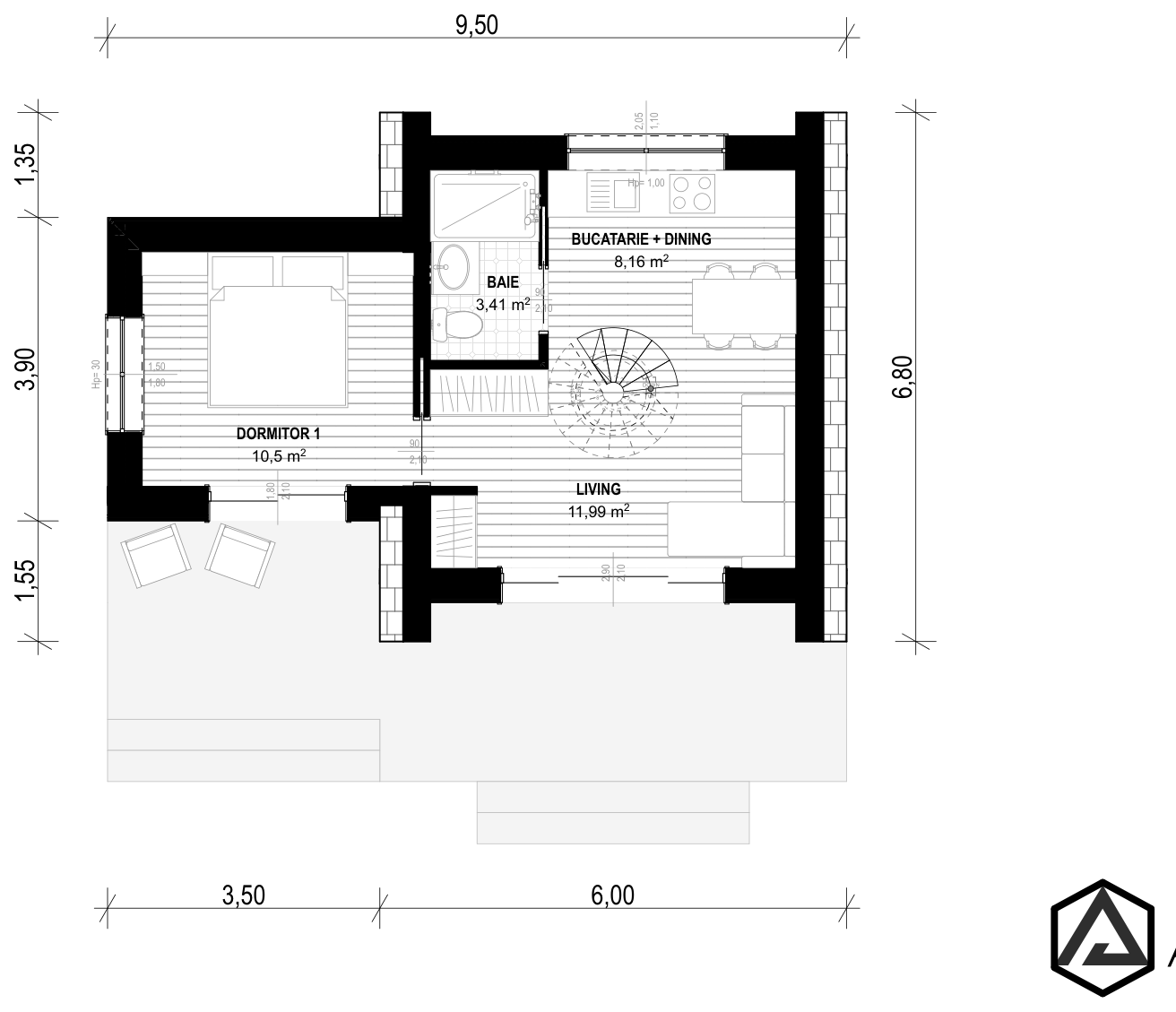 Plan pentru Casa Amira: living, bucătărie + dining, baie, dormitor 1