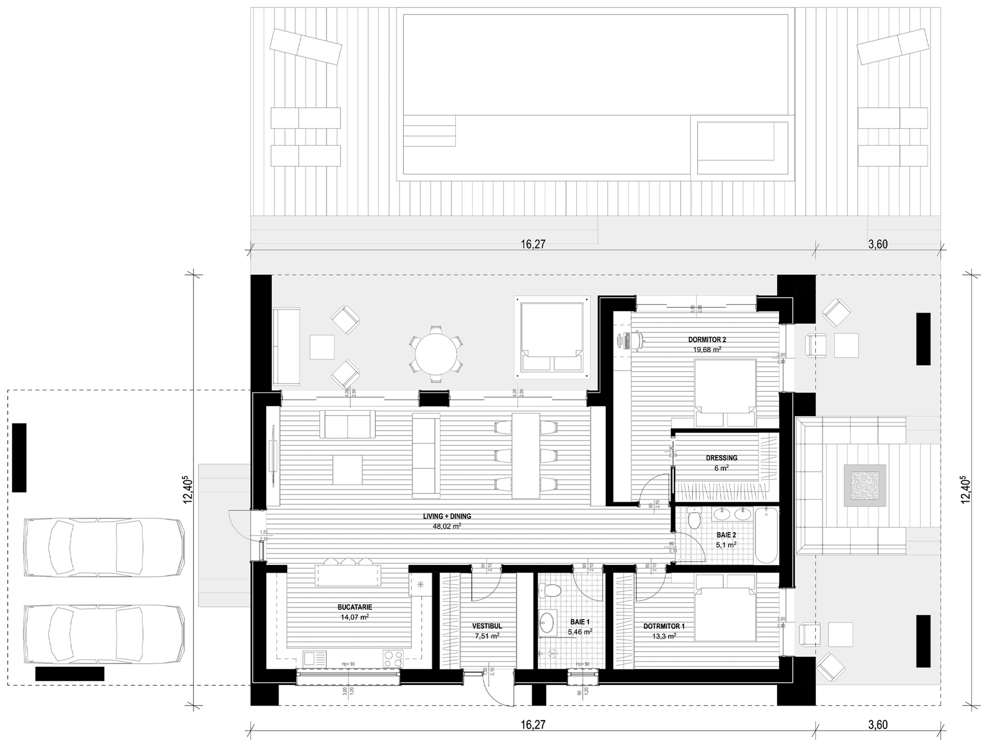 Plan parter pentru Casa Anais: living cu dining, bucătărie, două dormitoare, dressing, două băi, vestibul, terase și garaj